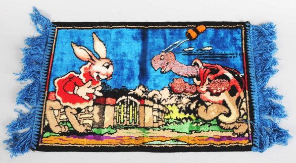 Silly Symphony Rug.: 1938. Featuring Toby the Tortoise. Made in Italy. Old store stock with original tag featuring Snow White on back corner. Scarce. Condition (Mint). Size 12" x 20".