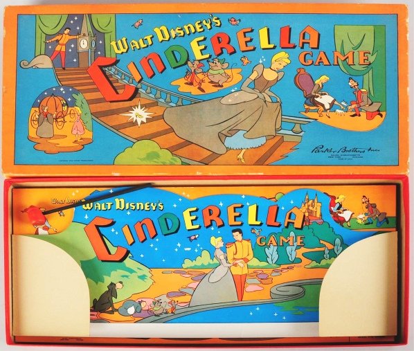 Cinderella Game.: 1950. Old store stock. Very elaborate. Includes board, backdrop, magic wand, cards, instructions, and bag of colored slippers. Box has minor scuffs. Condition Contents (Mint). Size Box: 19 - 1/4" x 9"