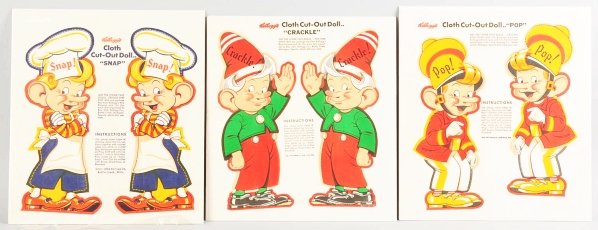 Snap, Crackle, Pop Cloth Cut-Out Dolls.: 1954. Set of three with rare mailers. Uncut. Last year for cut-out dolls. Kellogg's premium. Condition (Mint). Size Each: 18 - 1/2" x 16 - 1/2".