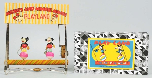 Tin Litho & Celluloid Disney Wind-Up Playland Toy: Japanese. Working. Toy has a metal construction base and swing mechanism with celluloid figures of Mickey and Minnie that rock back and forth. Mickey figure appears to have some restoration. Includes 