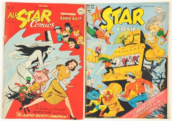Lot of 2: 1940s All Star Comics Comic Books.: This lot includes issues 39 and 43. Issue 39 lays flat but the cover is separated from the top staple. Issue 43 lays flat and is very nice. Cover is slightly misprinted out of line. Condition (Very Go