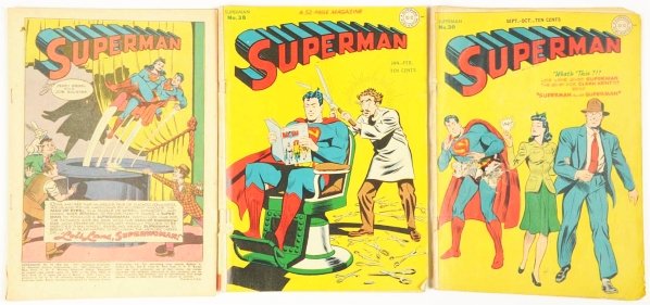 Lot of 3: 1940s Superman Comic Books.: This lot includes issues 30, 38, and 45. Issues 30 and 38 have moderate spine rolling and separation. Issue 45 is coverless. Condition (Good).