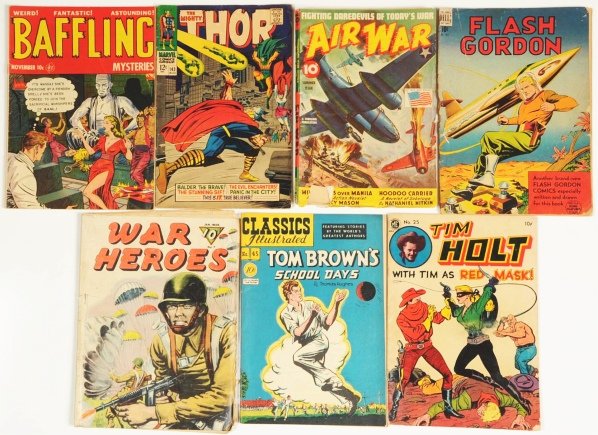 Lot of 7: Assorted 1950s-1960s Comic Books.: Includes Baffling #11, The Mighty Thor #143, Tim Holt #25 and four others. Condition (Very Good).