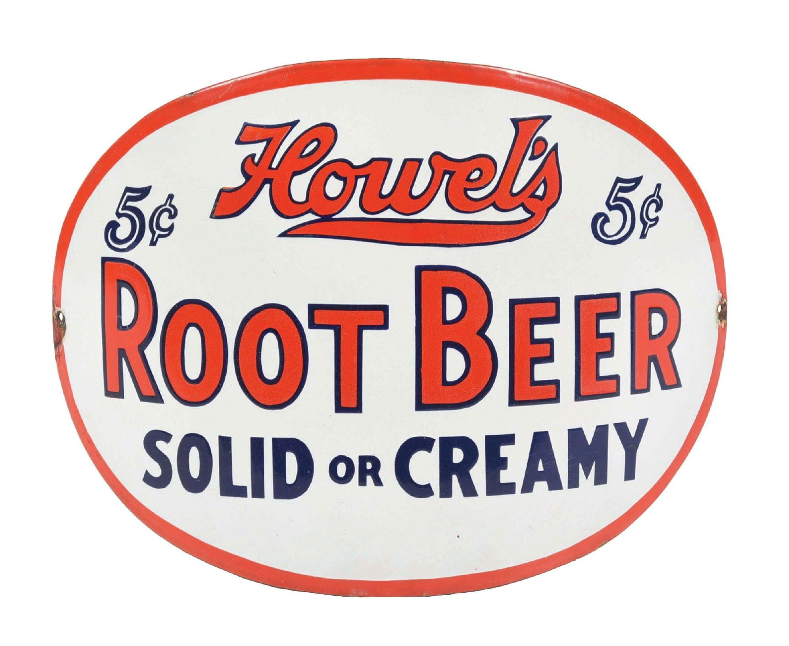 HOWEL'S ROOT BEER CURVED PORCELAIN DISPENSER SIGN: SSP. This c. 1930s single-sided curved porcelain sign from Howell's Root Beer was originally attached to a barrel dispenser. CONDITION: The field of the sign remains clean and glossy. The two mounting