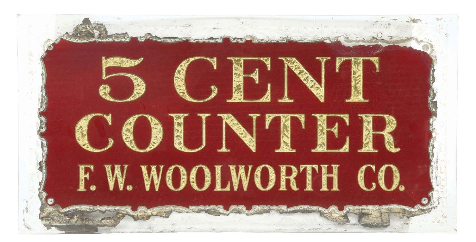 F. W. WOOLWORTH REVERSE PAINTED GLASS SIGN (1 of 2)