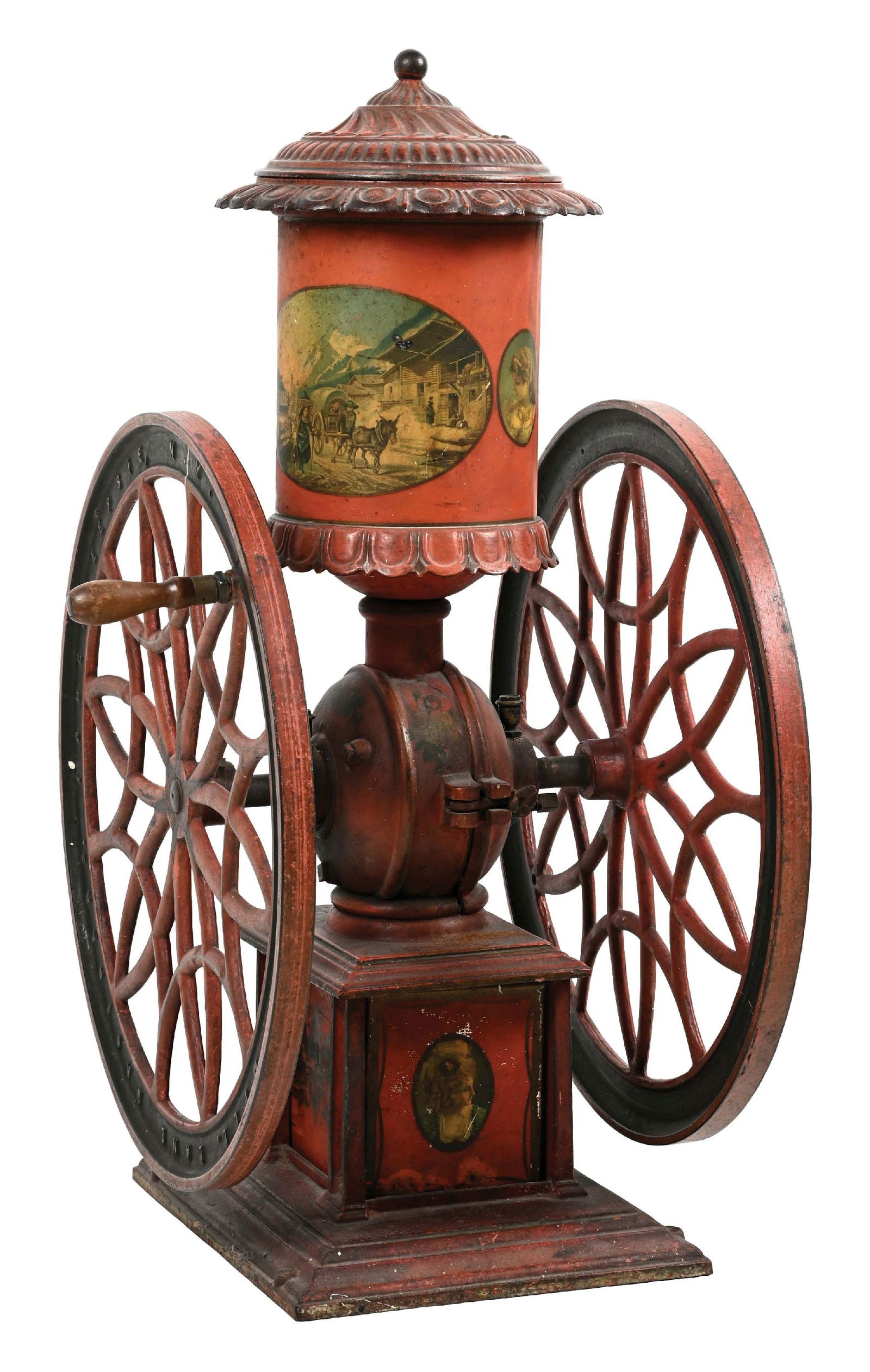 LARGE PAINTED CAST IRON COFFEE GRINDER. (1 of 5)
