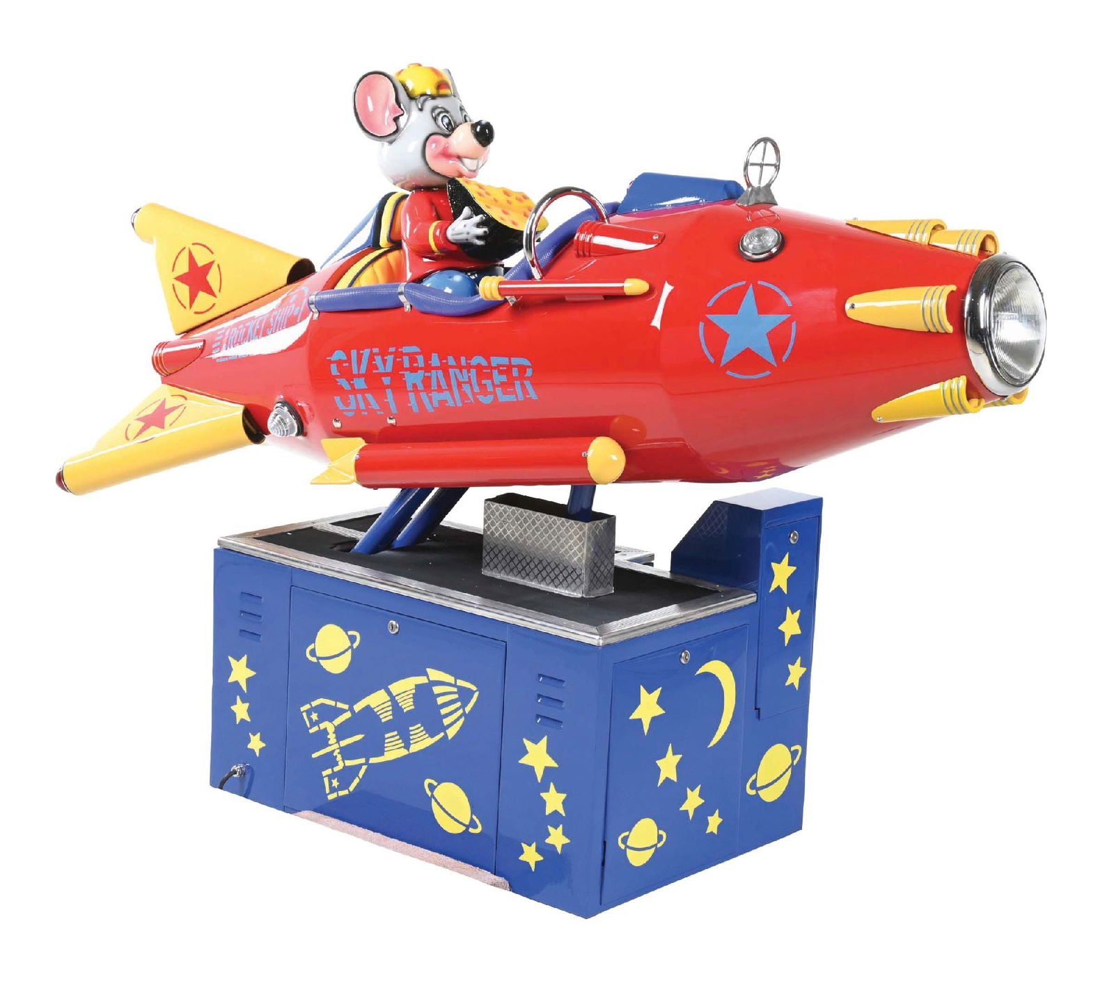 ROBINSON PARTNERS SKY RANGER KIDDIE RIDE: Title updated. CORRECTION: An exciting children's amusement ride in the shape of a rocket ship with missiles on either side, a large headlight, and three red taillights. Each rider can use the steps t