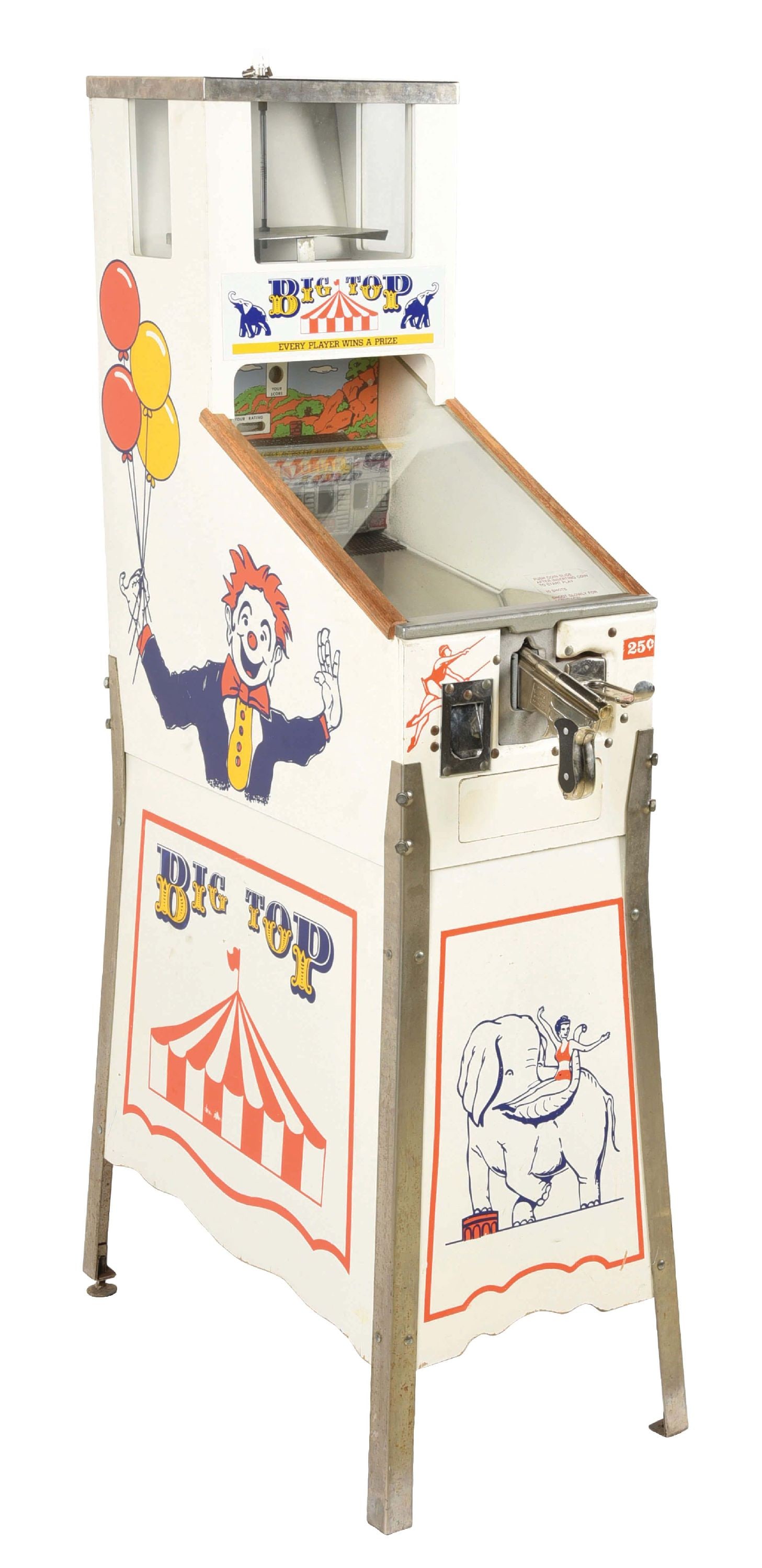 BIG TOP CIRCUS ARCADE GUN GAME WITH GUMBALL VENDING: C. 1950. Johnston Products. CONDITION: This is an all-original Big Top gun game with chewing gum dispenser in 25¢ operation, with all the original circus graphics and with gun working correctly. 