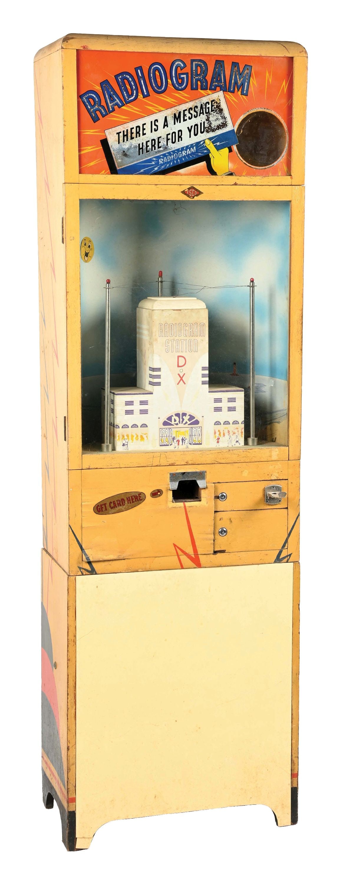 EXHIBIT SUPPLY CO. "RADIOGRAM" CARD FORTUNE TELLER ARCADE MACHINE: C. 1946. Exhibit Supply Co. Card vending fortune teller with a "telegraph" message motif. When coin is inserted, the machine will make a morse code noise and then dispense a card with a fortune. CONDI