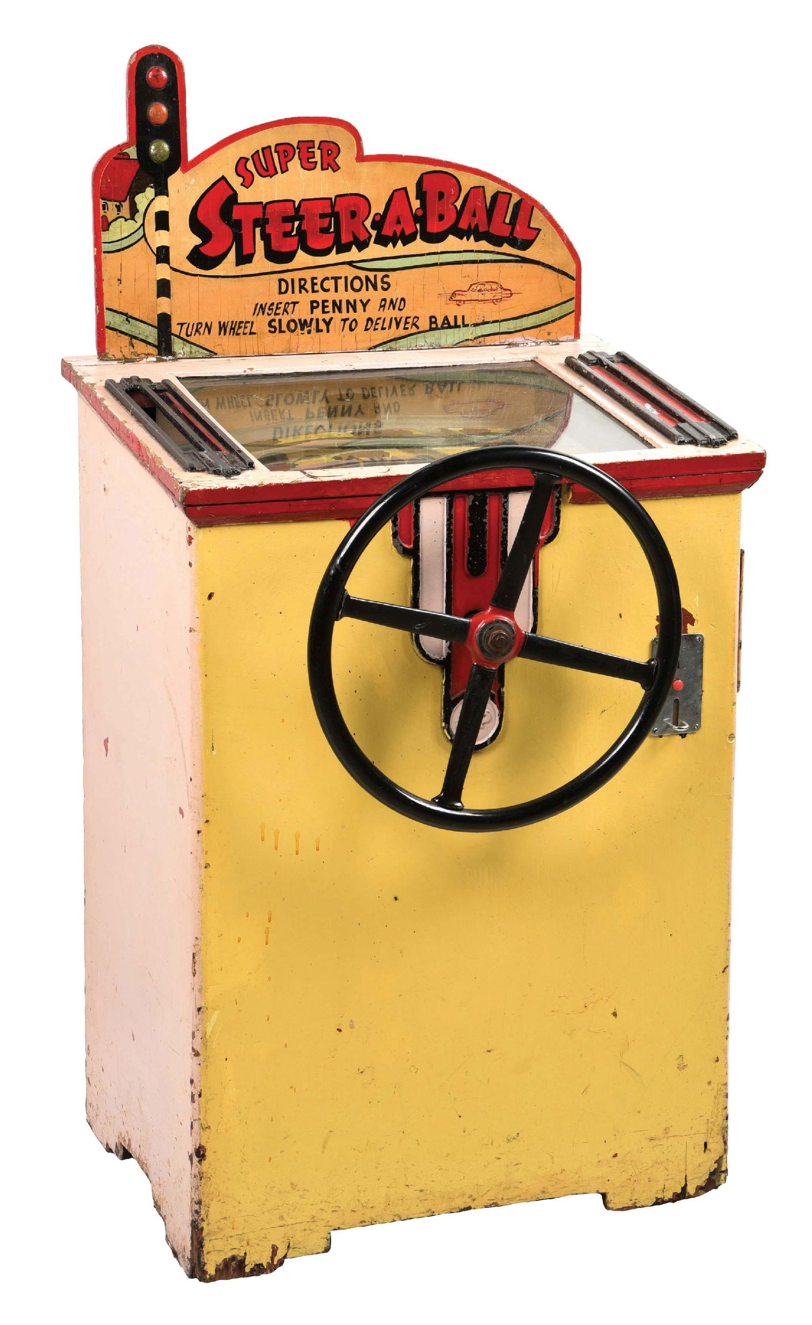 1¢ SUPER STEER-A-BALL ARCADE GAME: Project. This is not a standard shippable item and will require 3rd party shipping or pickup arrangements to be made. Condition: (Fair) Dimensions: 27" x 22" x 50".