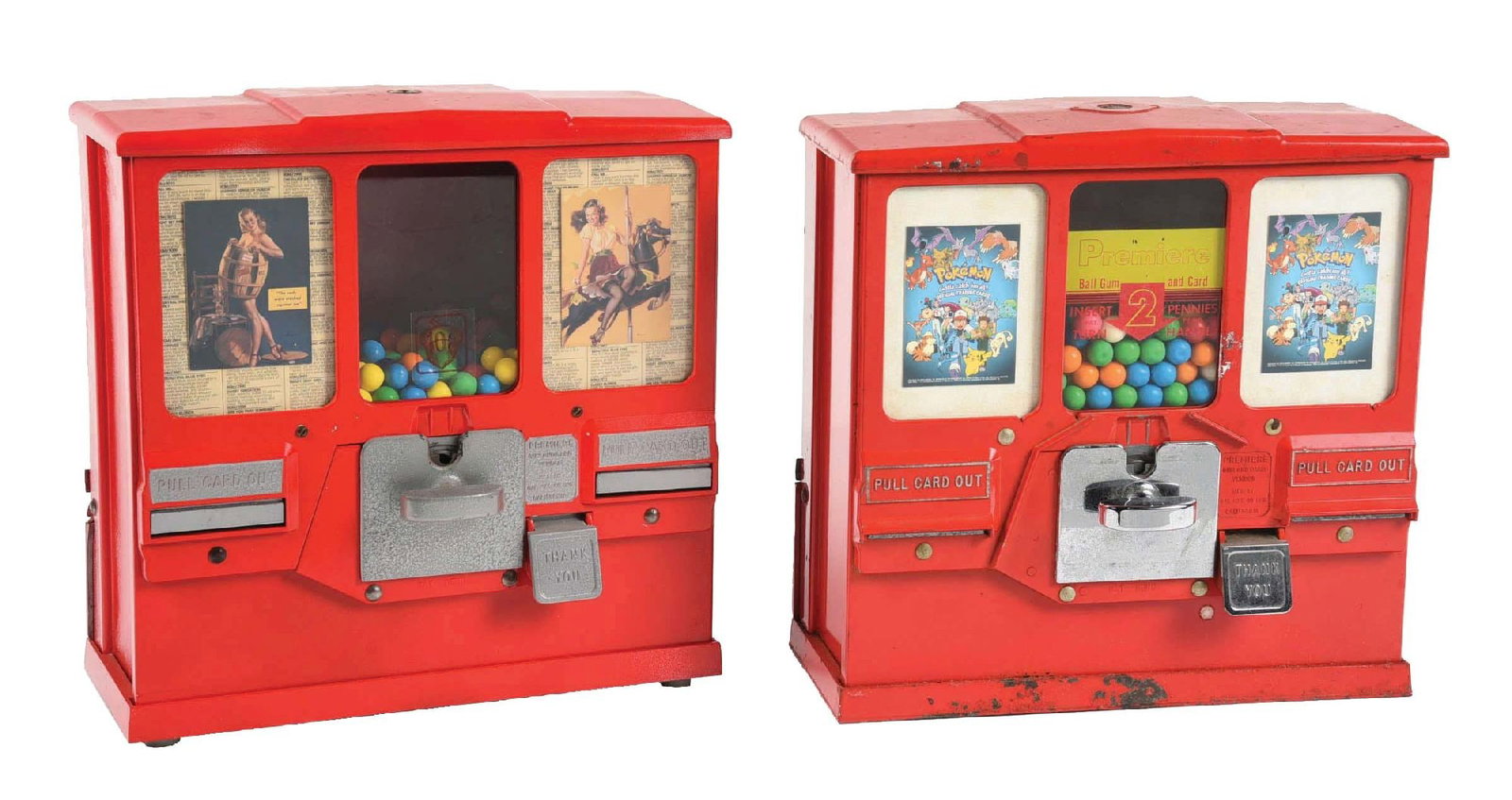 PAIR OF PREMIER CARD & GUM VENDING MACHINES: A pair of Premier card and gum vending machines. CONDITION: (A) A 10¢ operation card machine, vending some girlie cards, including a small collection of cards inside. (B) A 2¢ operation with