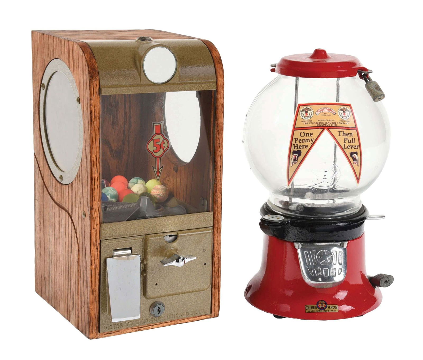 PAIR OF ANTIQUE VENDING MACHINES: A pair of antique vending machines. CONDITION: (A) A Columbus peanut machine with an aluminum base, cast iron lid, new globe and new decal with new paint. (B) A Victor superball vending machine in 5&#