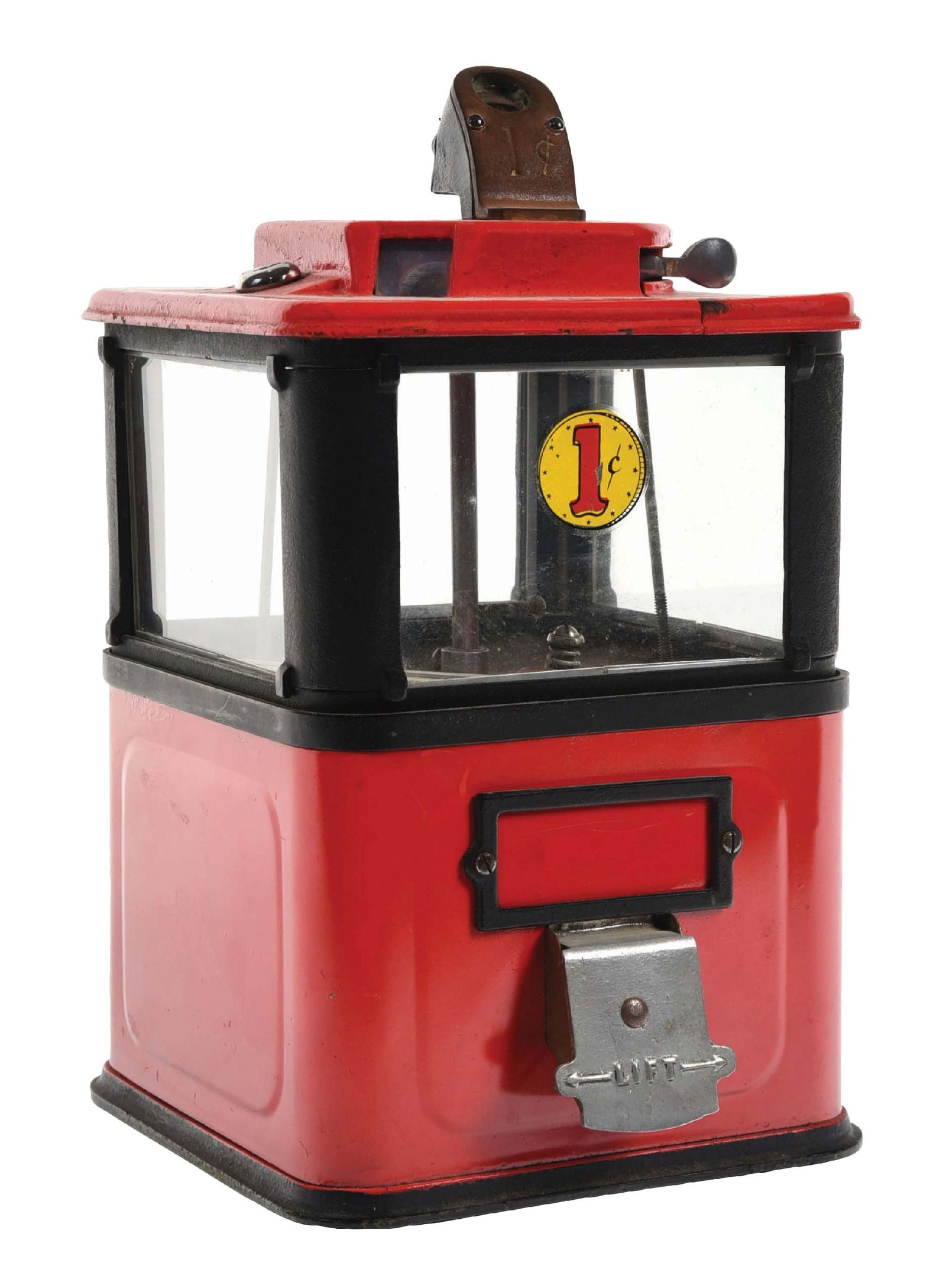 A.L. HOFF GUMBALL MACHINE: This A.L. Hoff gumball machine is cast iron construction with the original interior, front flap and missing the front A.L. Hoff sign. It has the original backdoor. CONDITION: There are areas of re-pai
