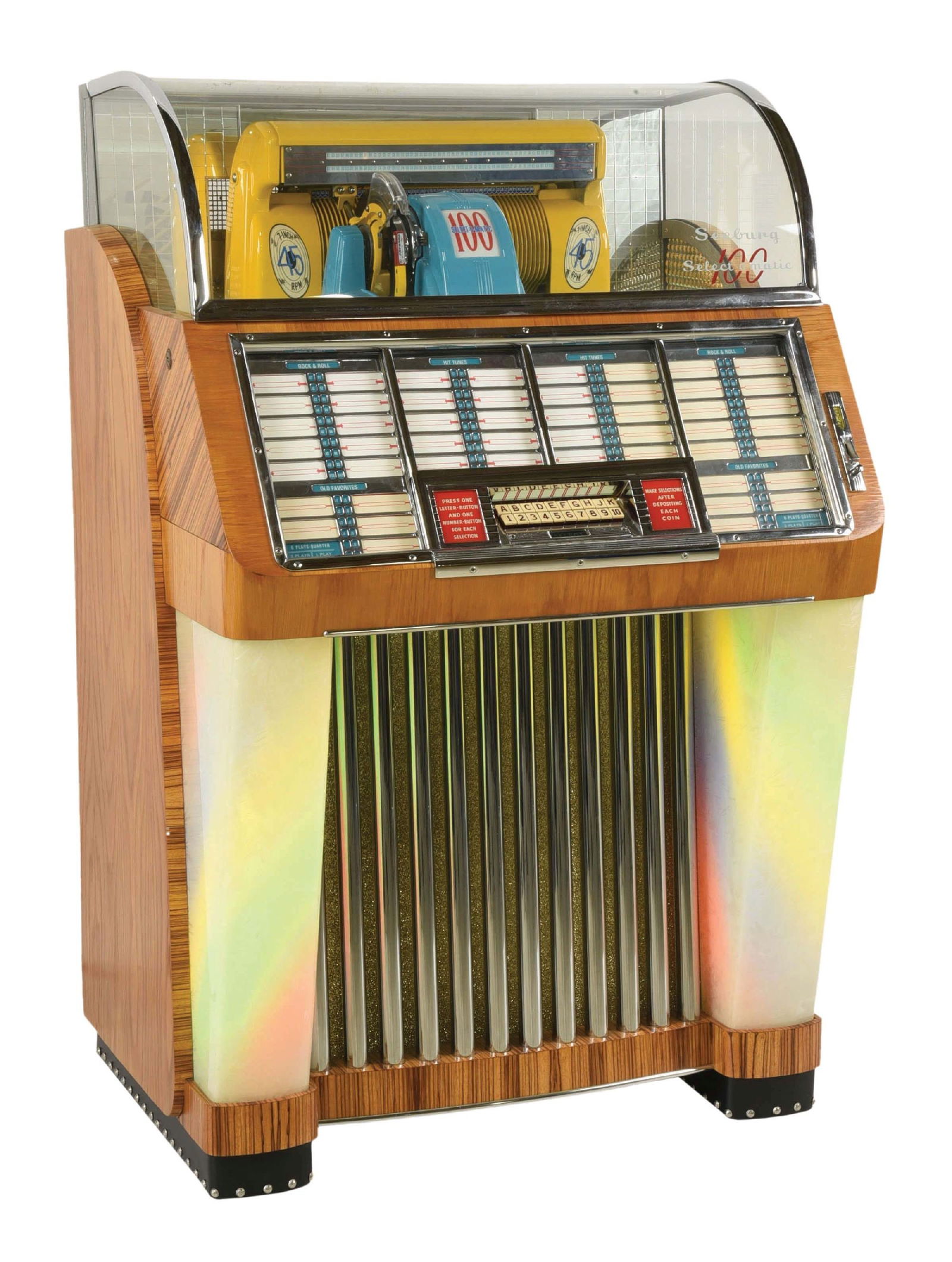 SEEBURG MODEL "C" 100 SELECT-O-MATIC JUKEBOX: C. 1952. J.P. Seeburg Corp. Chicago, IL. Seeburg Select-O-Matic 100 Selection jukebox, 45 RPM. Standard features include rotating color cylinders, 20-button selection system, popularity meter, single
