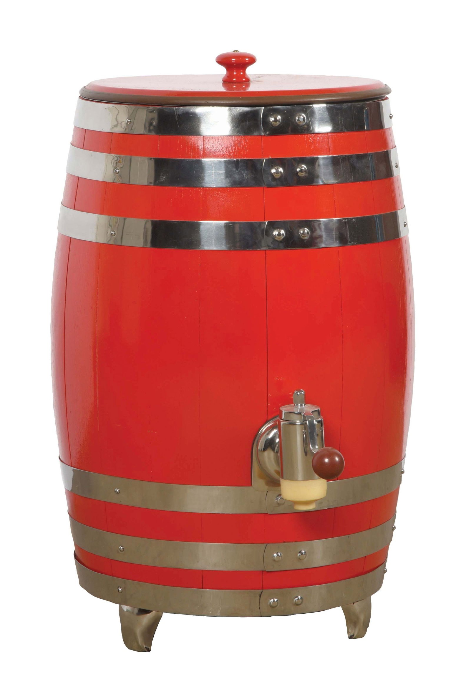 UNSPECIFIED SODA BARREL DISPENSER: CONDITION: Showing newer red paint to the wooden barrel. Internal components and spigots are present with correct lid. This lot is located in St. Louis, Missouri. Third-party shipping or pick-up arran