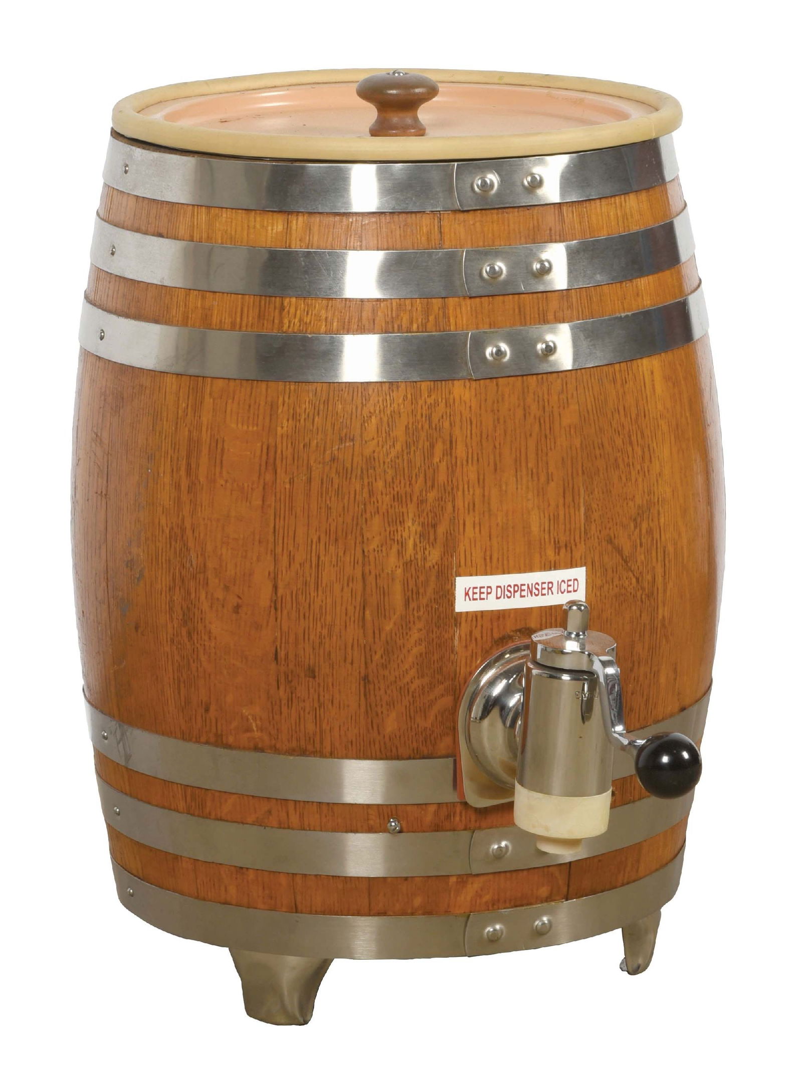 UNSPECIFIED SODA BARREL DISPENSER: CONDITION: Large size showing a refinishing of the barrel with no decal applications for brand. Interior components are present, as are the spigots. This lot is located in St. Louis, Missouri. Third-p