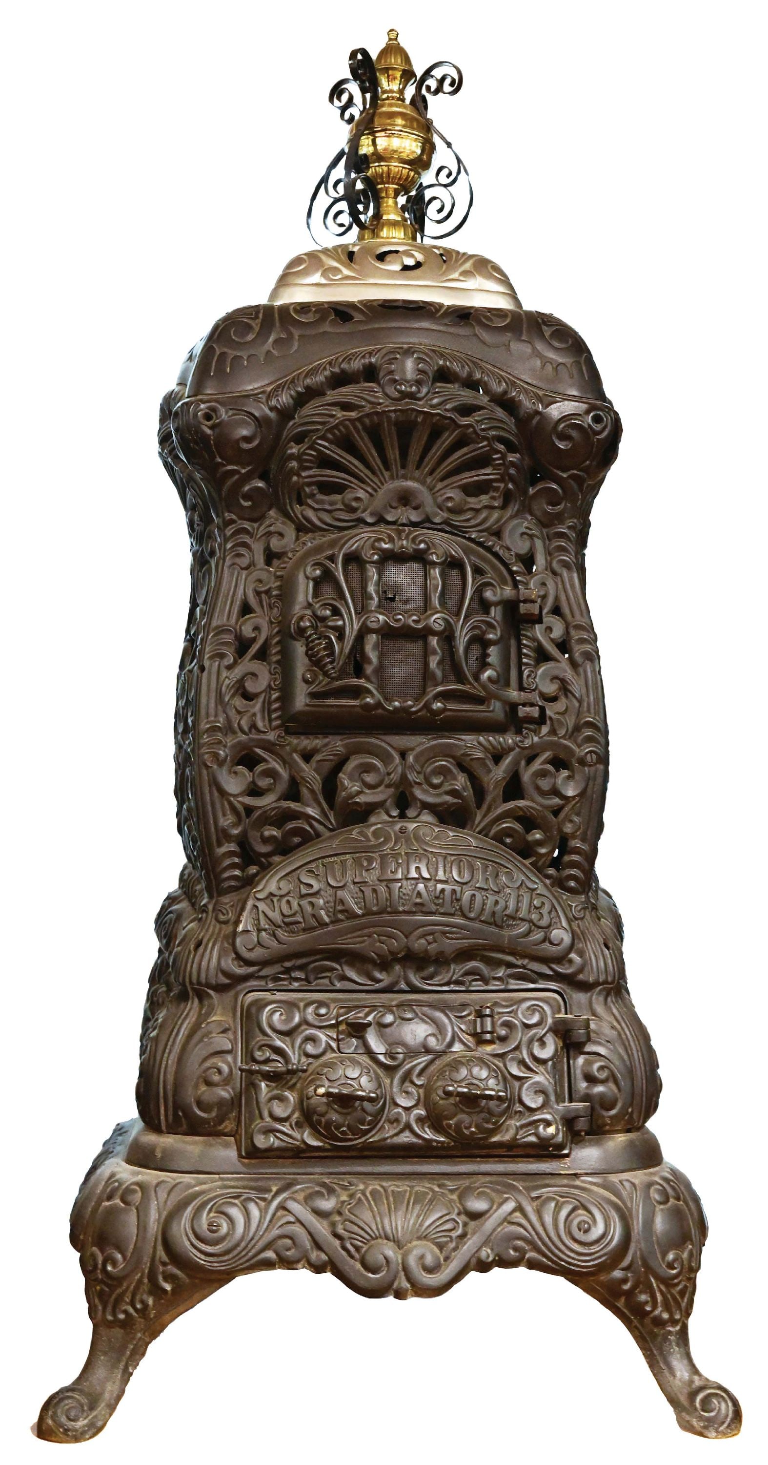 SUPERIOR RADIATOR NO 113 CAST IRON STOVE: CONDITION: Complete and original. No chips, cracks or repairs. This lot is located in St. Louis, Missouri. Third-party shipping or pick-up arrangements will be required. Condition: (Good) Dimensions: