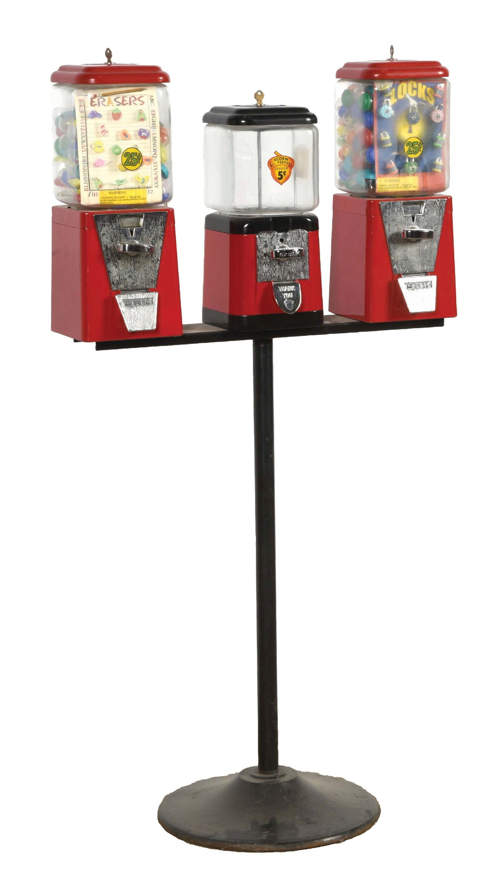 3 OAK VENDING MACHINES ON CAST STAND: CONDITION: Showing light wear and some oxidation to the plastic fronts. All are operational. This lot is located in St. Louis, Missouri. Third-party shipping or pick-up arrangements will be required. 