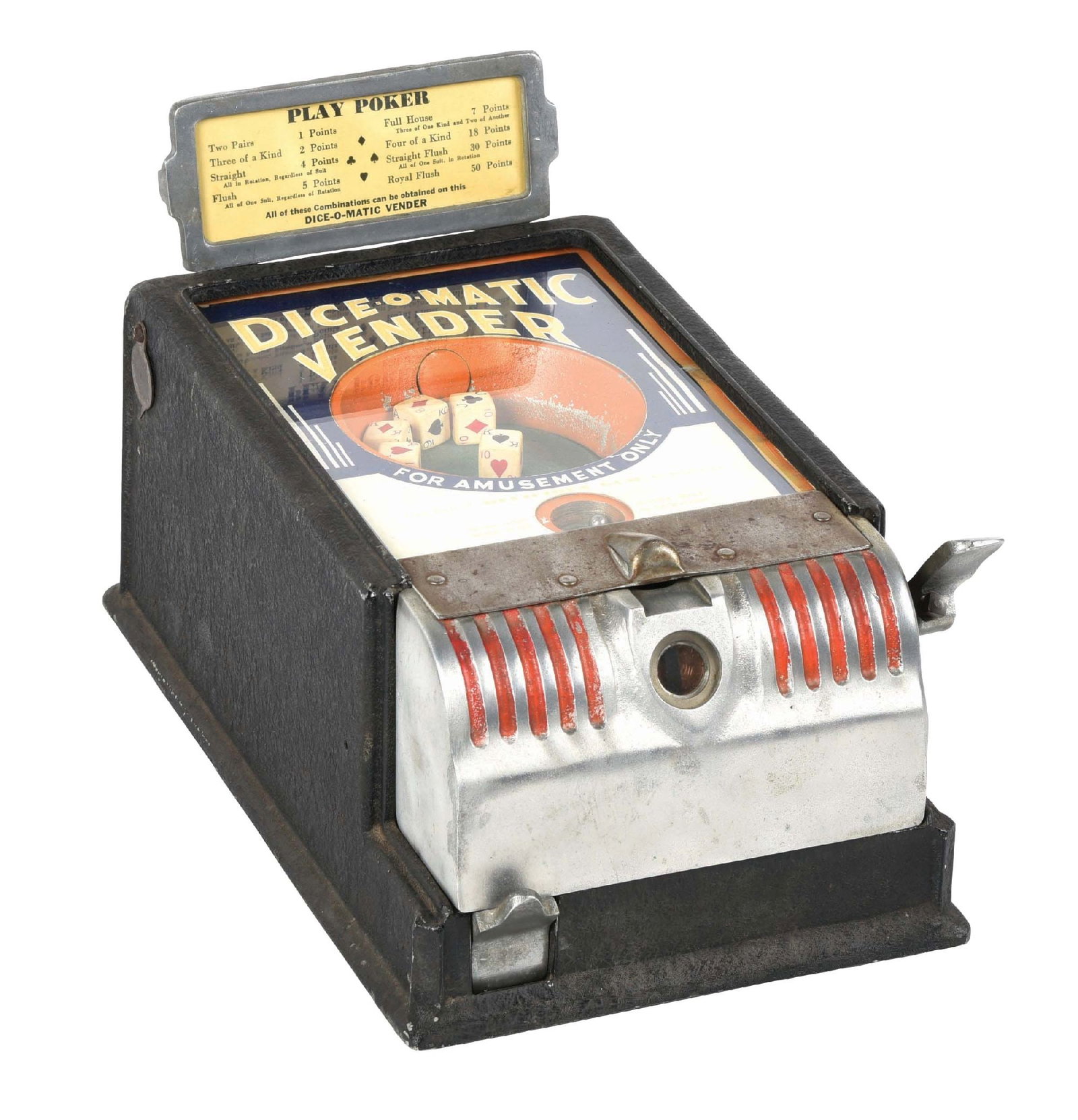 1¢ GROETCHEN DICE-O-MATIC COUNTERTOP TRADE STIMULATOR: C.1934 Made by the Groetchen Tool & Mfg. Co., this counter game offers a single gumball and a throw of the dice for each penny inserted. Point award card housed within marquee. CONDITION: Showing wear