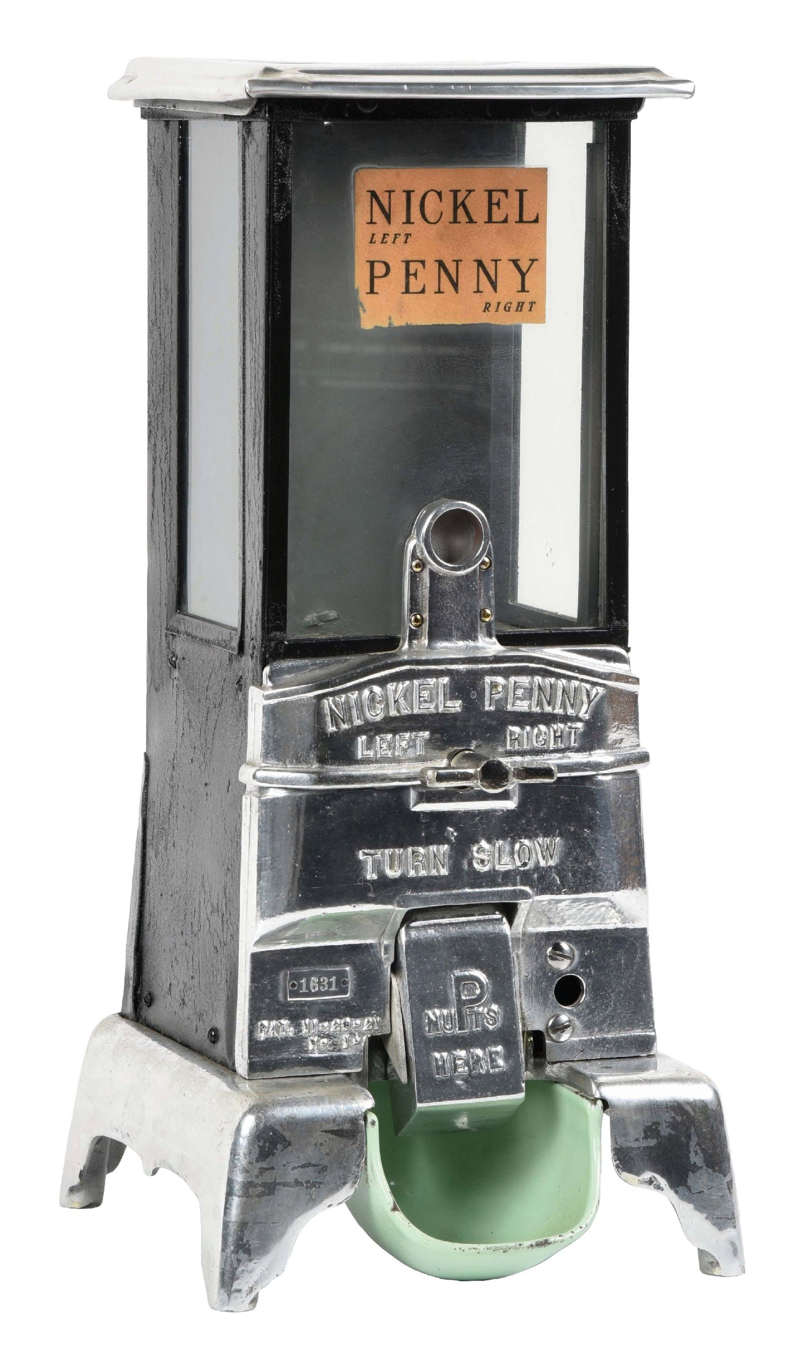 NICKEL & PENNY BRICE WILLIAMS PEANUT VENDING MACHINE: A 1921 peanut vending machine with a penny/nickel operation. CONDITION: It shows polishing to the front plate and the base. It shows new paint to the body, polished top cap, original decal and needs a