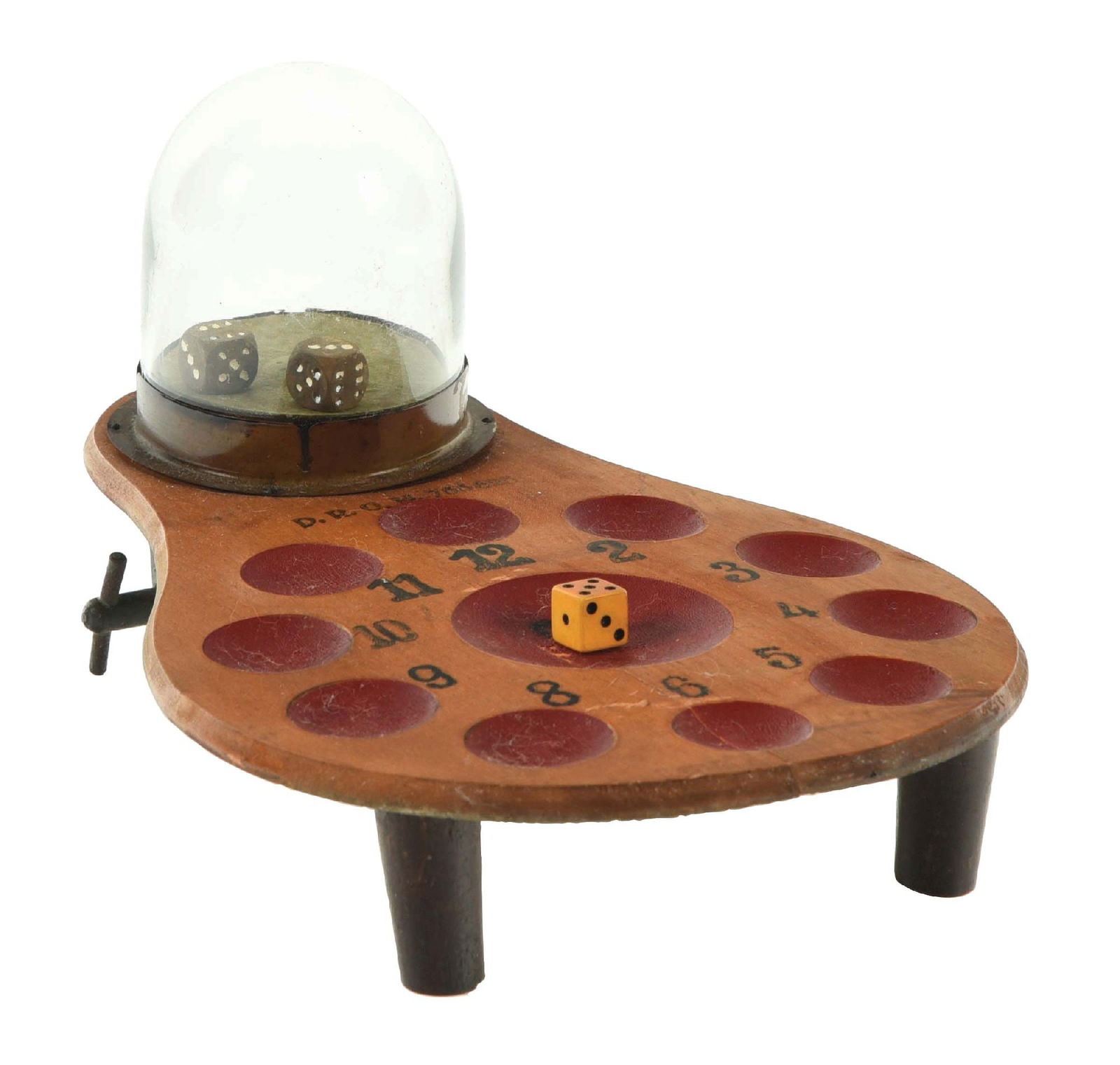 D.R.O.H WOODEN MINI DICE POPPER GAME: Early dice popper game with wooden playfield and glass domed dice popper. CONDITION: Wear to the game board, glass dome is original as is the dice and felt. Operational. Condition: (Good) Dimensions: