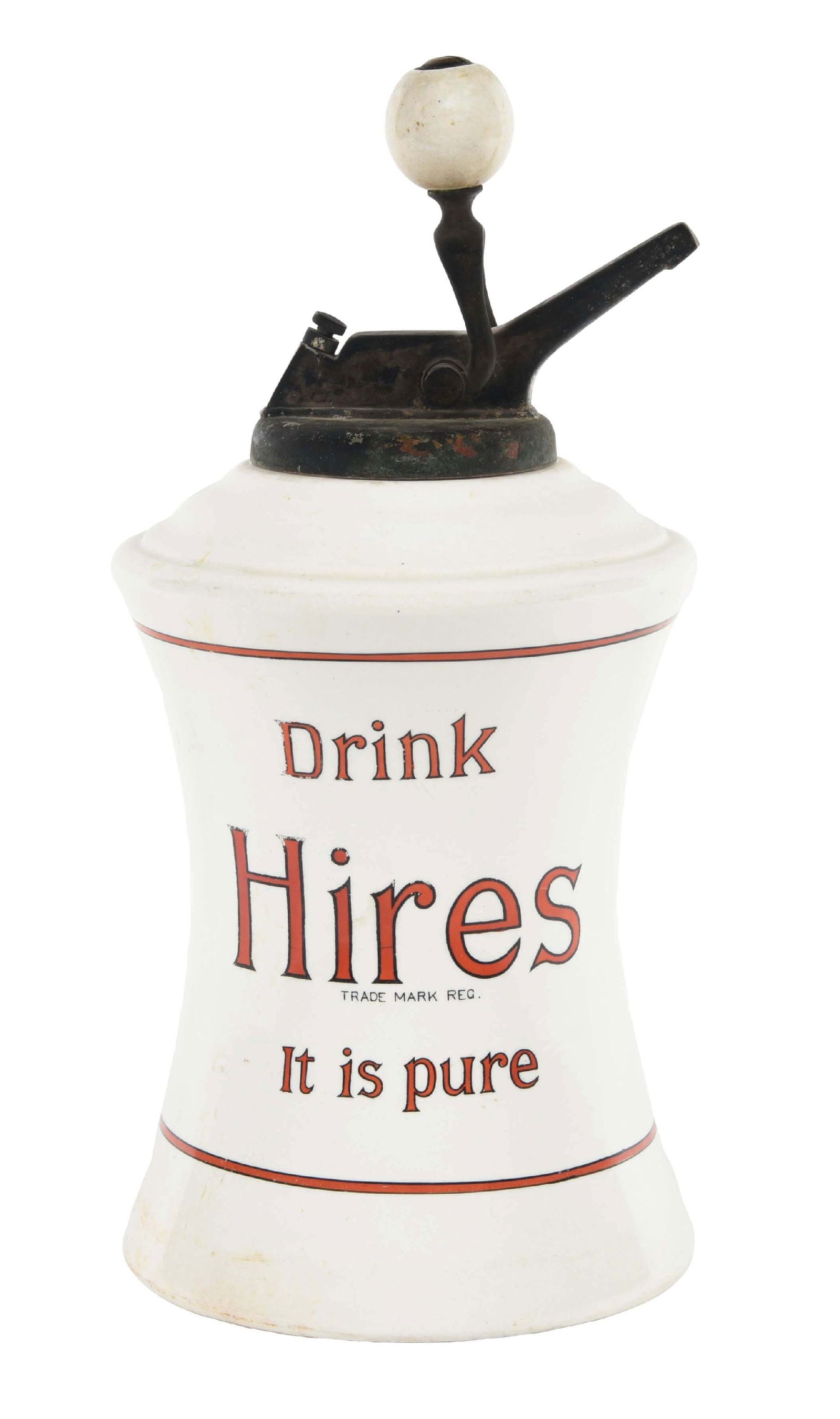 DRINK HIRES ROOT BEER CERAMIC SYRUP DISPENSER: This C. 1920s ceramic syrup dispenser from Hires Root Beer features the iconic company logo and hour-glass form, with an old syrup pump as well. CONDITION: The ceramic body of the dispenser remains cl