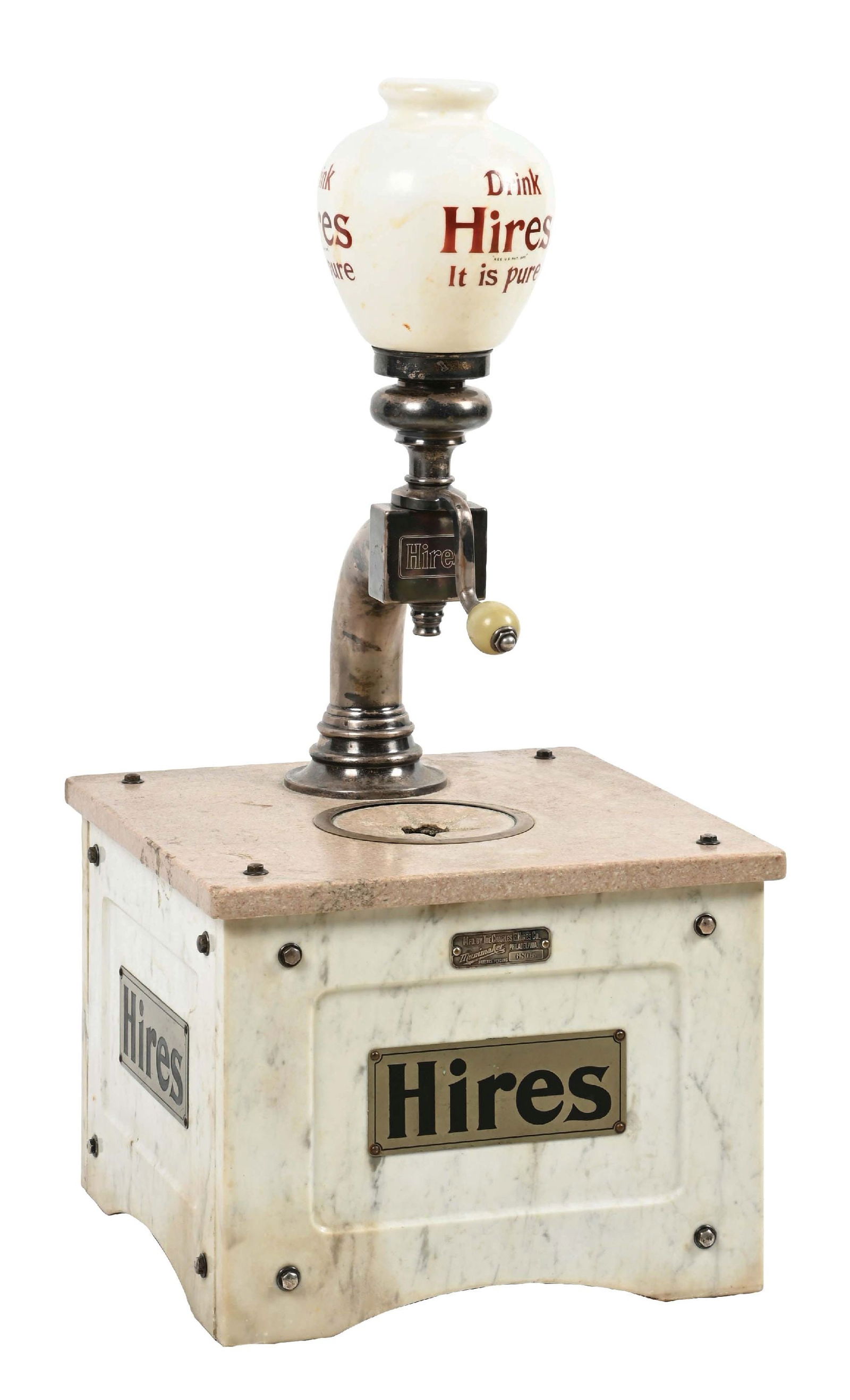 HIRES ROOT MUNIMAKER SYRUP DISPENSER: This c. 1900 marble, metal, and glass syrup dispenser from Hires Root Beer features the iconic company logo on four sides of the marble base, as well as on the metal spigot and milk glass globe. CONDI