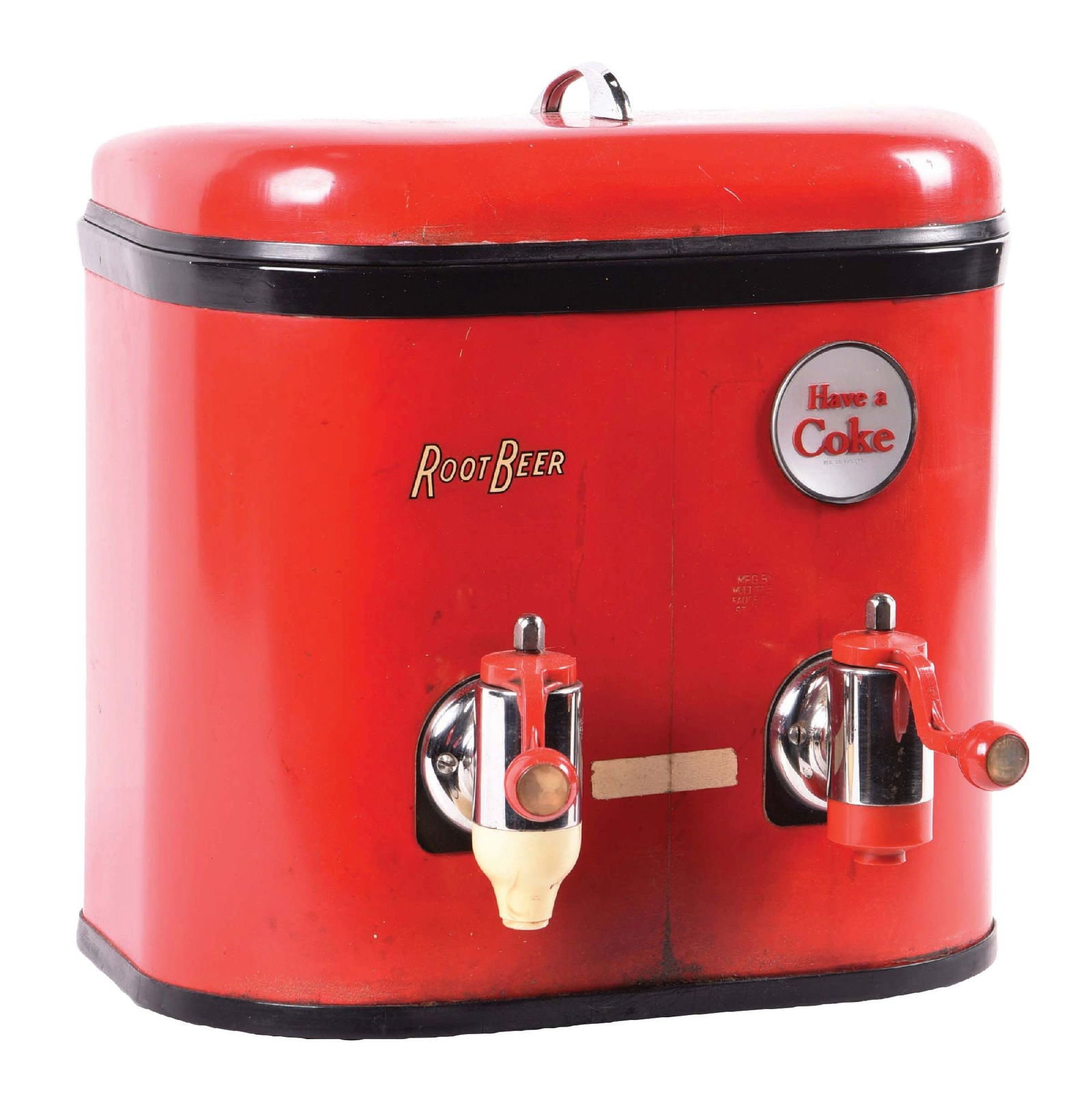 COCA-COLA EMBOSSED COUNTERTOP SYRUP DISPENSER: This c. 1950s dual spigot syrup dispenser from Coca-Cola also dispenses root beer. The dispenser is complete with both original knobs, internals, and a nice embossed Coca-Cola logo on the front side.