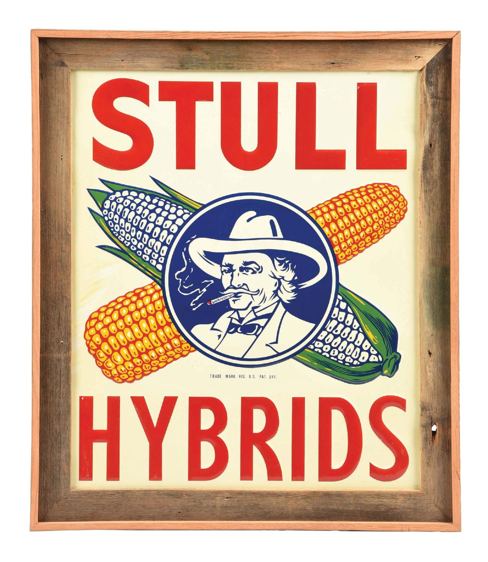 TIN STULL HYBRIDS CORN SIGN W/ MAN SMOKING GRAPHIC (1 of 2)