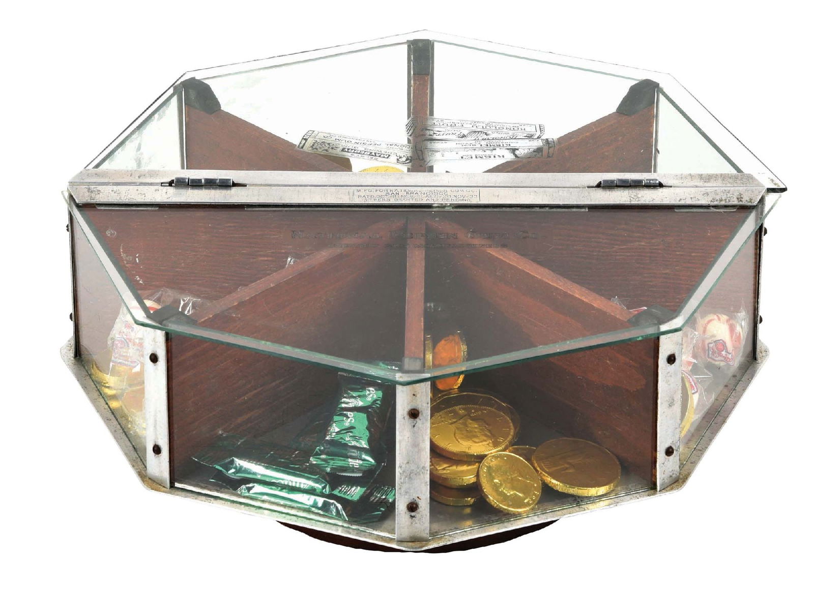 NATIONAL PEPSIN GUM CO. 8-WAY ROTATING CANDY DISPLAY: This rotating eight-compartment candy display case features a nice metal body, with wood dividers and glass sides and lid. There have been some recently added chewing gum embellishments added to the g