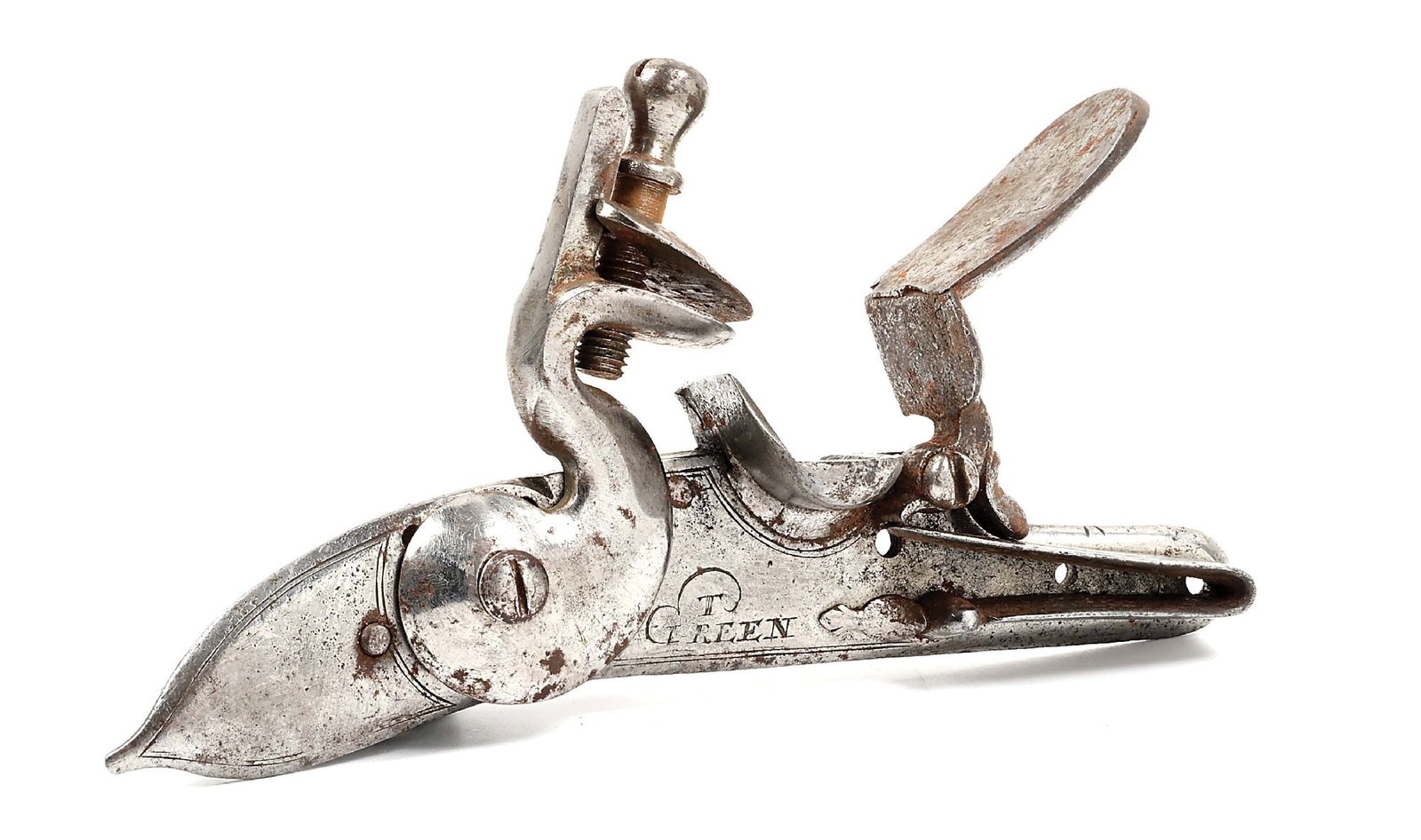 BRITISH PRE-LAND PATTERN MUSKET LOCK BY THOS. GREEN C. 1715.: The banana lockplate measures 7" overall and 1 - 3/8" height behind the rounded unbridled pan. Engraved with double-line borders and engraved "T / GREEN" in the center. CONDITION: Polished bright with