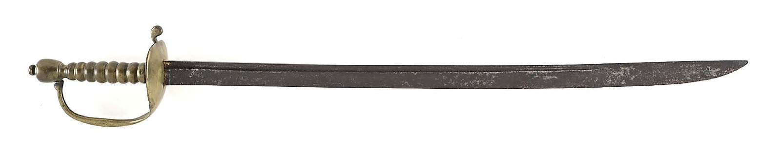 FRENCH & INDIAN WAR PERIOD ROYAL ARTILLERY HANGER, EX. GOLDSTEIN.: A mid-18th century, brass-hilted British hanger contracted by the Board of Ordnance; 31 in. L overall, with a 25 3/8 in L blade, 1 1/16 W at ricasso, single-edged and a narrow fuller. Its blade is mar