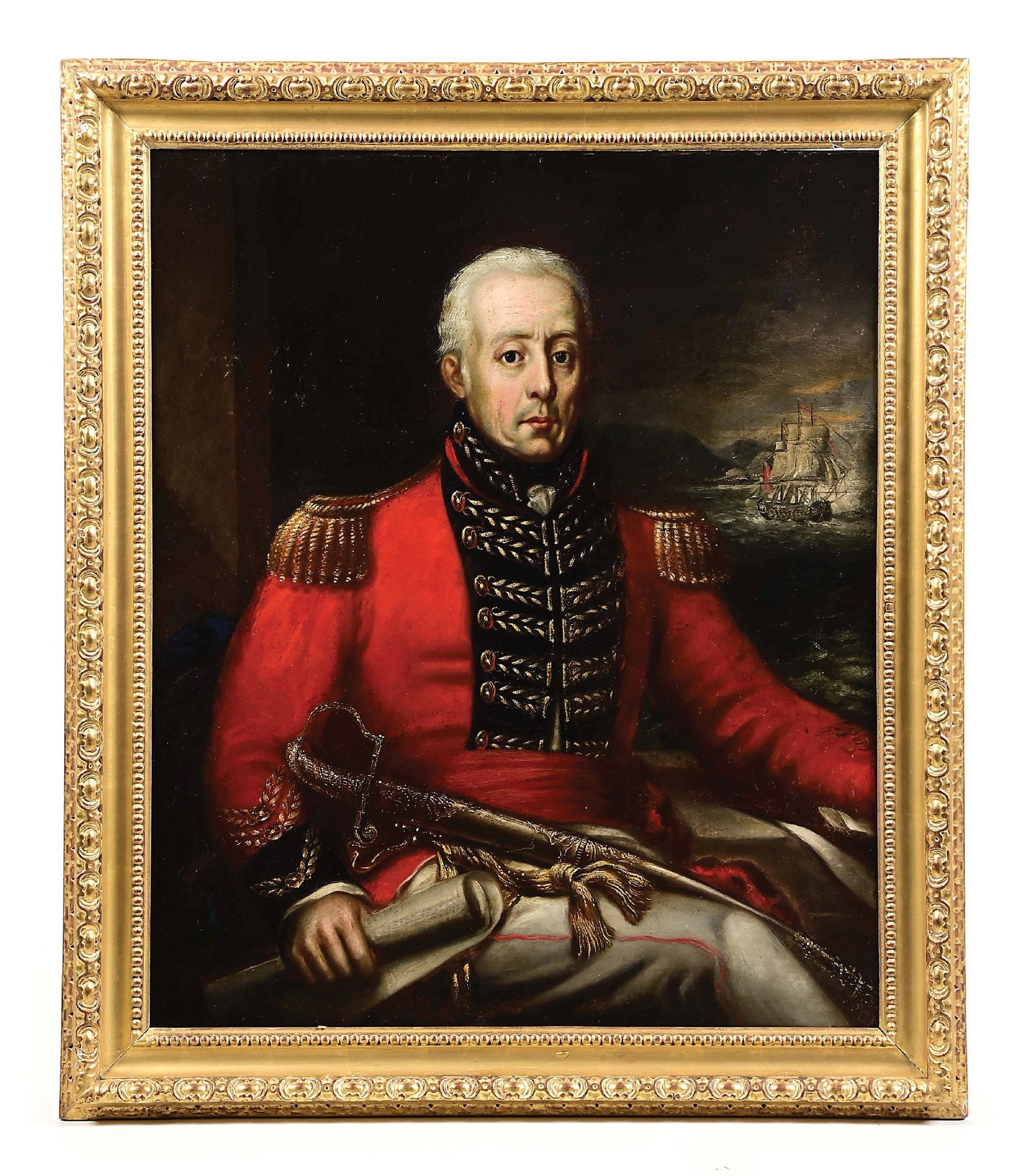 PORTRAIT OF MAJOR GENERAL HUGH CARMICHAEL, C. 1809.: Attributed to John Eckstein. "Major-General Hugh Lyle Carmichael and Colonel, 2nd West India Regiment of Foot, c. 1809." Oil on canvas, 30 x 25 inches, within a Georgian, gilt composition frame. Carmi