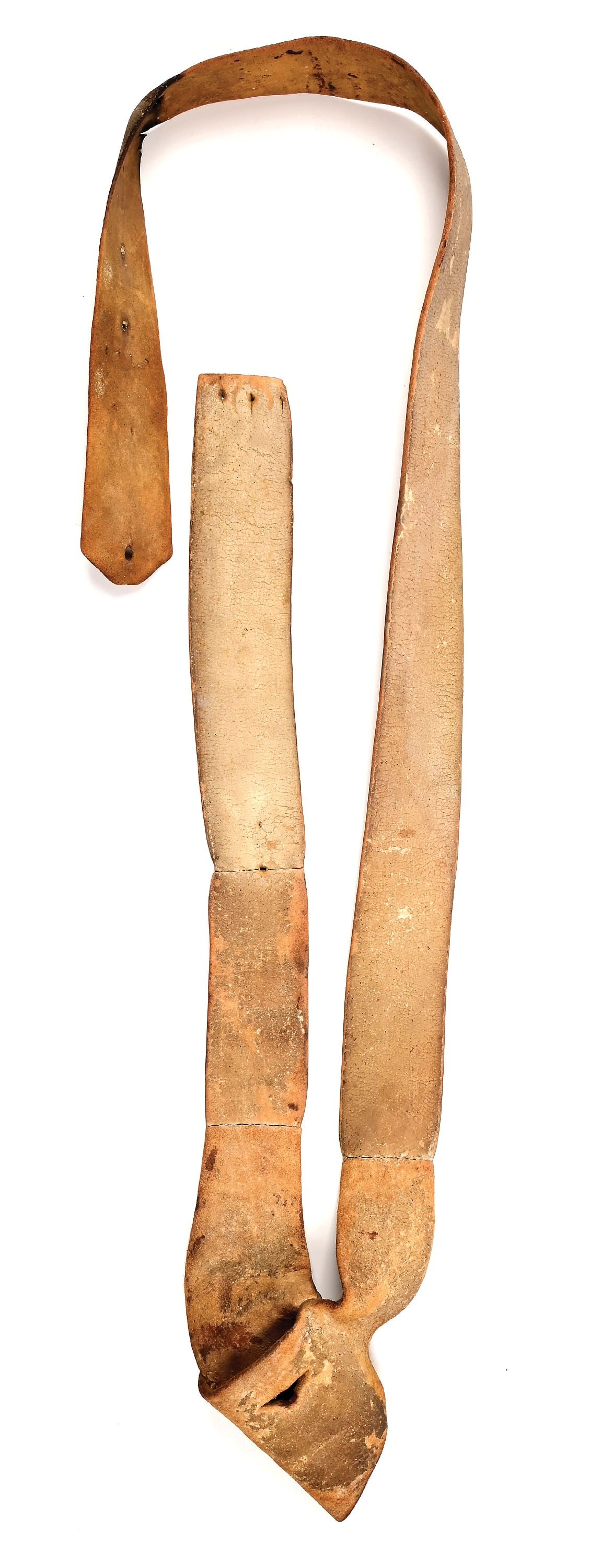 REVOLUTIONARY WAR BRITISH WAISTBELT CONVERTED TO SHOULDERBELT.: An extremely rare, surviving example of a British infantry waistbelt of the Revolutionary War period, later altered during its working life into a shoulderbelt. This was achieved by cutting the front 