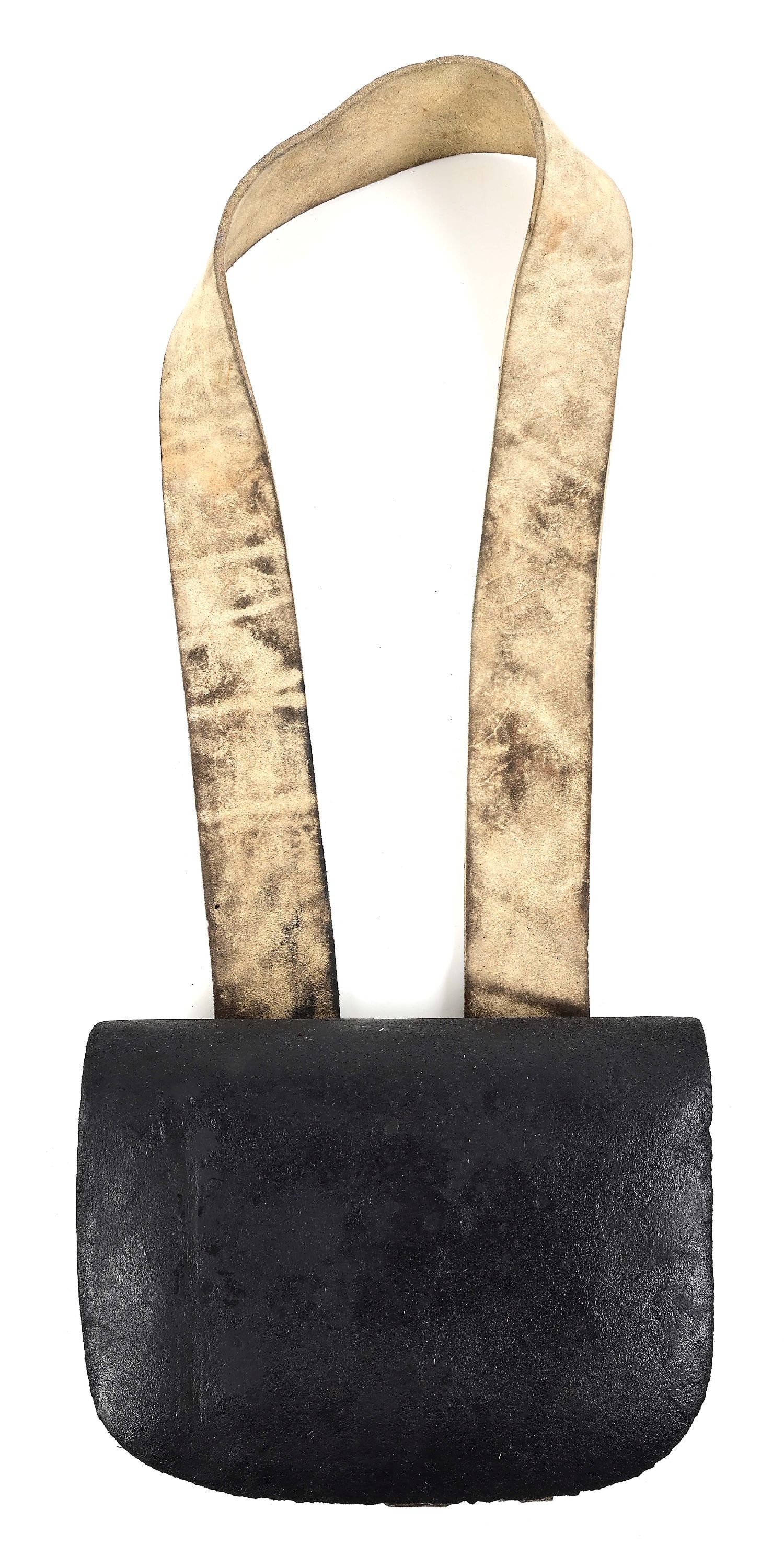BRITISH 26-HOLE POUCH WITH BUFF BELT, LAST QUARTER 18TH CENTURY.: Body: 5 ¾ H x 8 ½ L x 2 5/8 in. W. Rare and complete example of a British pouch from the late 18th century, a pattern of a form known to have been during the Revolutionary War (another examp