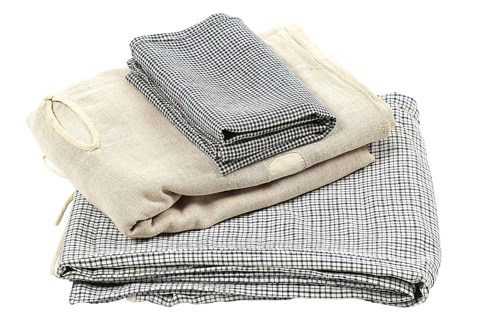 A SET OF 18TH OR EARLY 19TH CENTURY, NEW ENGLAND BED LINENS (3 PCS.).: Consisting of: 1) a bolster sack of blue-checked, plain-wove linen, 52 x 18 1/2 inches, open on one end; 2) a bedsack of blue-checked, plain-wove linen, 68 x 54 inches wide (flat or unfilled) with bot
