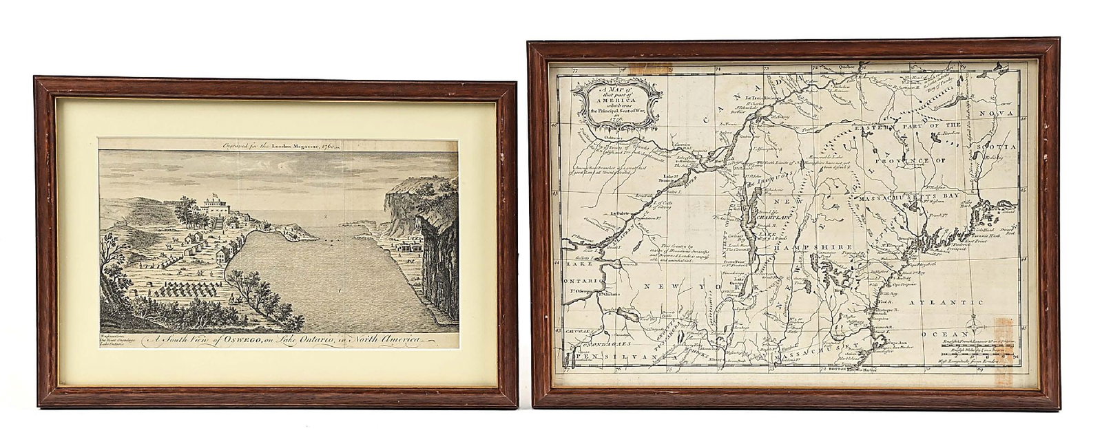 A MAP OF AMERICA: THE SEAT OF WAR, 1756 AND FORT OSWEGO ENGRAVING..: A map of that part of America which was the principal seat of war in 1756. 9 1/2 x 14 inches, framed. Published in the "Gentleman's Magazine" FEB 1757. [with] "A South View of Oswego, on the Shore of 