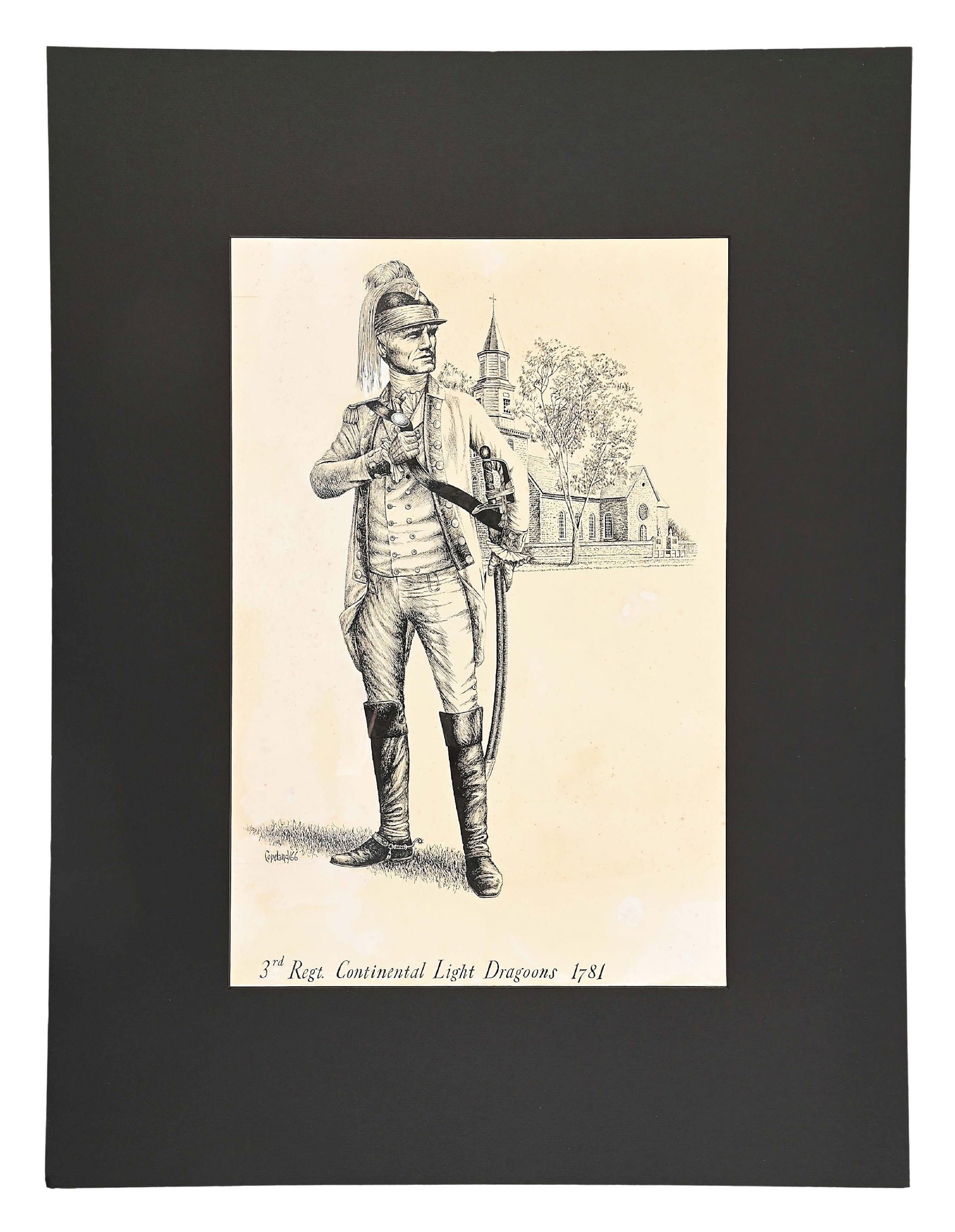3RD CONTINENTAL LIGHT DRAGOONS, 1781: ORIGINAL COPELAND ARTWORK.: Peter Copeland. "3rd Regt. Continental Light Dragoons 1781." Ink on illustration board, 22 x 16 in. in.; signed "Copeland/66" in lower left; conservation matted. An officer of this famous corps is see