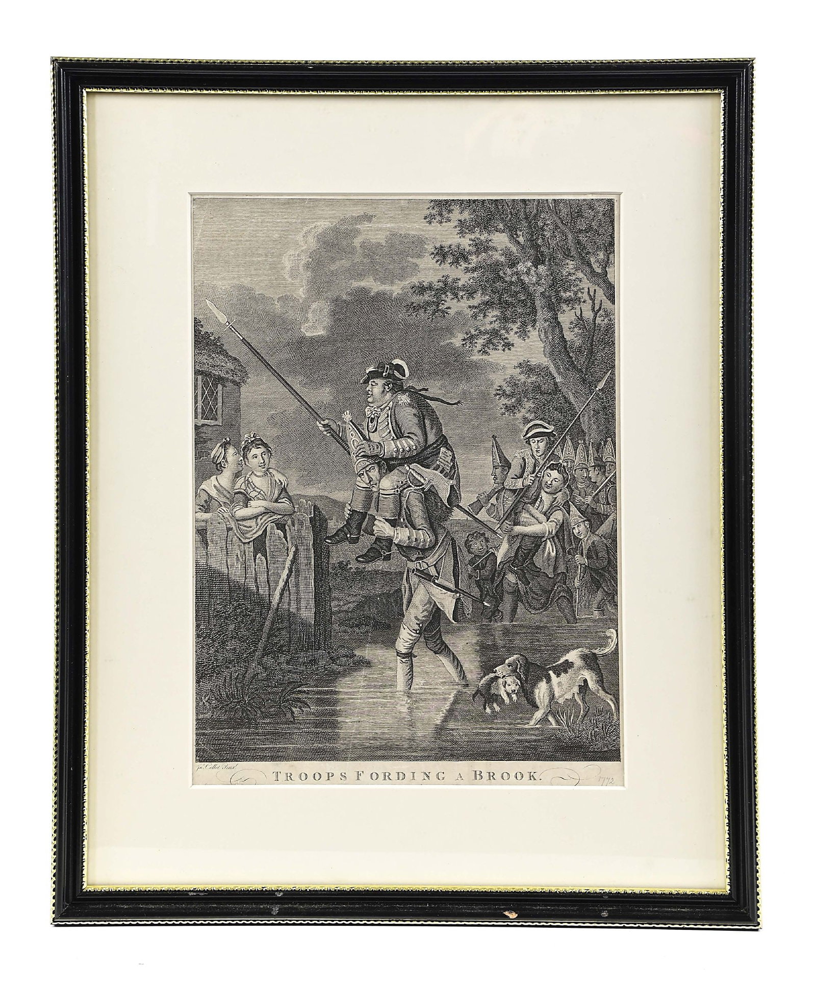 CARICATURE OF BRITISH TROOPS FORDING A BROOK AFTER COLLET, 1772. PRINT.: [Caricature]. "Troops Fording a Brook". Line engraving after John Collet, published by J. Smith and R. Sayer, London, 1772. 13 7/8 x 10 inches, within later frame. A fine Collet caricature of a effete