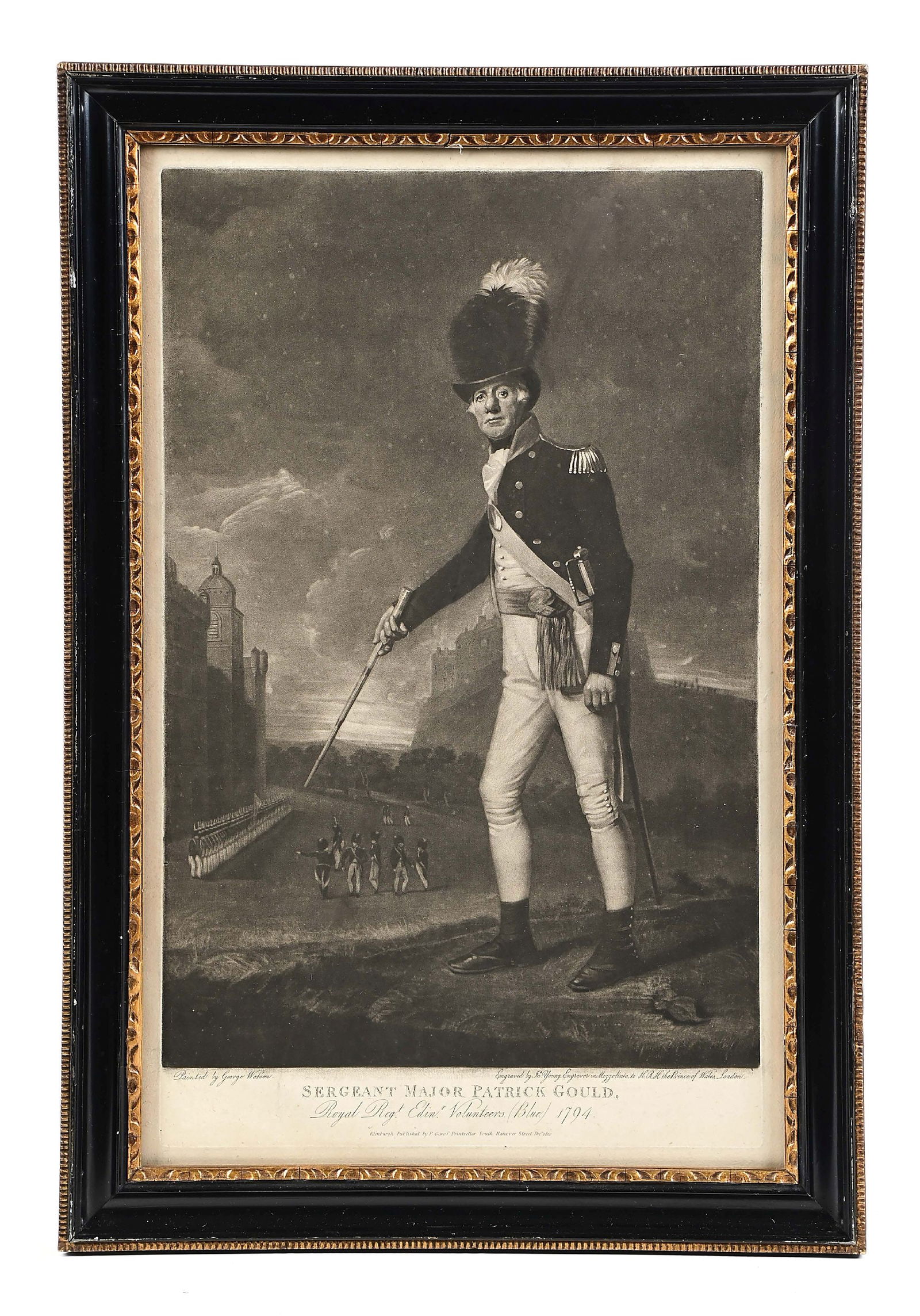 MEZZOTINT OF SERGEANT MAJOR GOULD, EDINBURGH REGIMENT, 1794.: John Young after George Watson. "Serjeant Major Patrick Gould, Royal Regt. of Edinr. Volunteers (Blue) 1794." Mezzotint engraving by John Young, published by P. Garof, Edinburgh, Dec. 1810. 20 X 12 1/