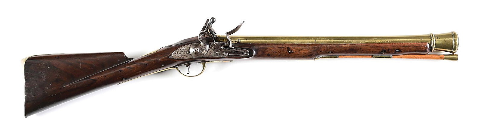 (A) A BRITISH MILITARY-TYPE MUSKETOON WITH BRASS BARREL, C. 1750: Tapering, round "cannon" barrel of brass with flared and turned, "bell-mouthed" muzzle, 19 7/8 inches long; the breech-plug and tang of iron; Birmingham private proofs on left side near breech. The lo