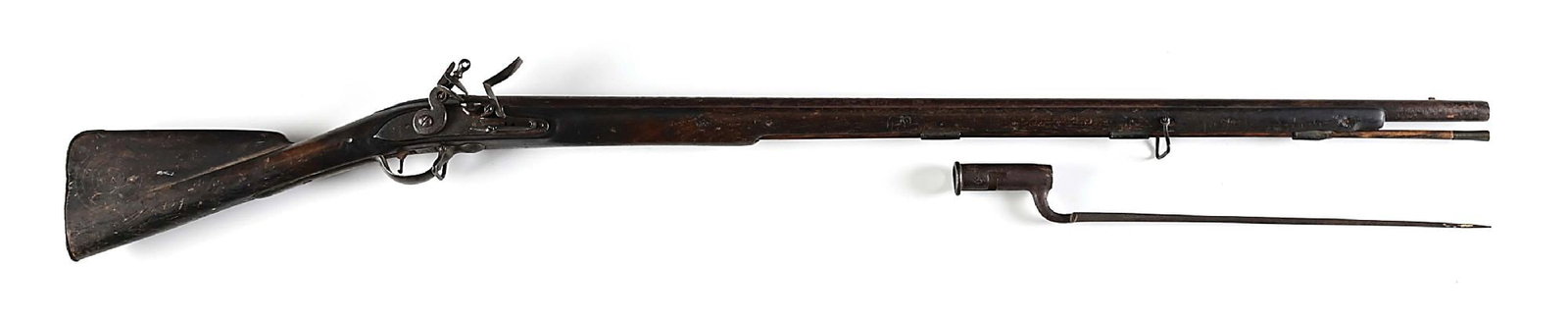 (A) PATTERN 1757 SEA SERVICE MUSKET WITH BAYONET.: An extremely rare Pattern 1757 Sea Service musket with bayonet. Round, tapered iron barrel bearing centered Ordnance view and proof marks before breech, 42 in. long overall and of .79 bore. Flat lock 