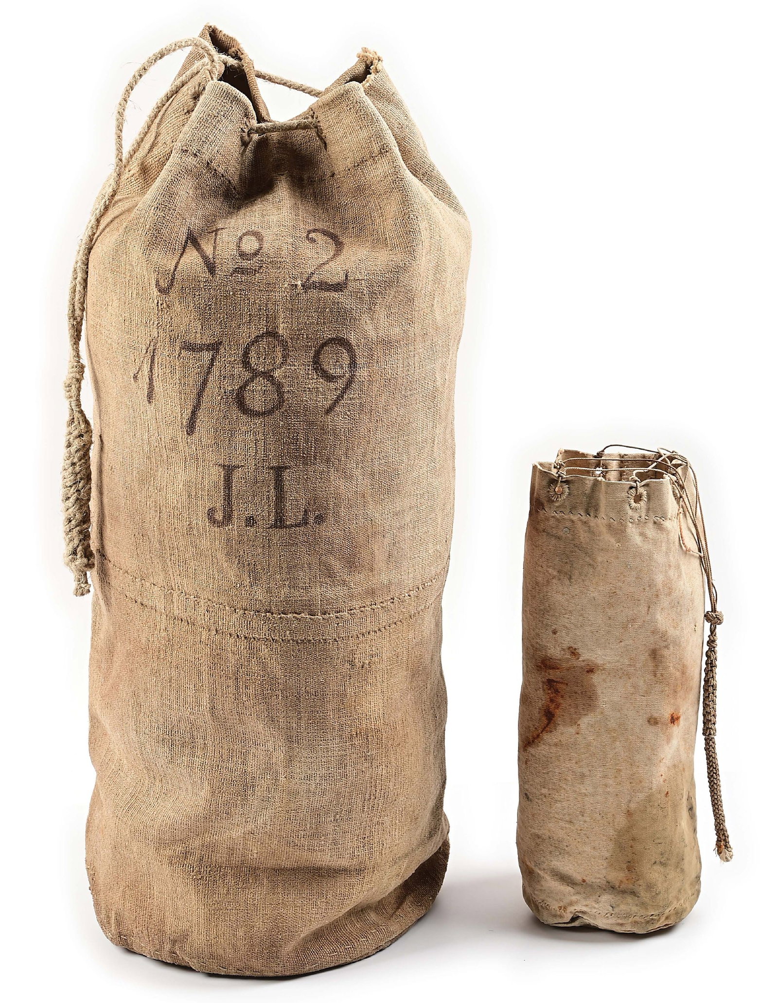 1789 AMERICAN SAILOR'S SEABAG AND 19TH C. DITTY BAG (LOT OF 2).: 1) An extremely rare example of a common American sailor's seabag from the late 18th century, found in Connecticut. It is constructed of heavy hempen sail cloth, which was typically loomed in narrow l