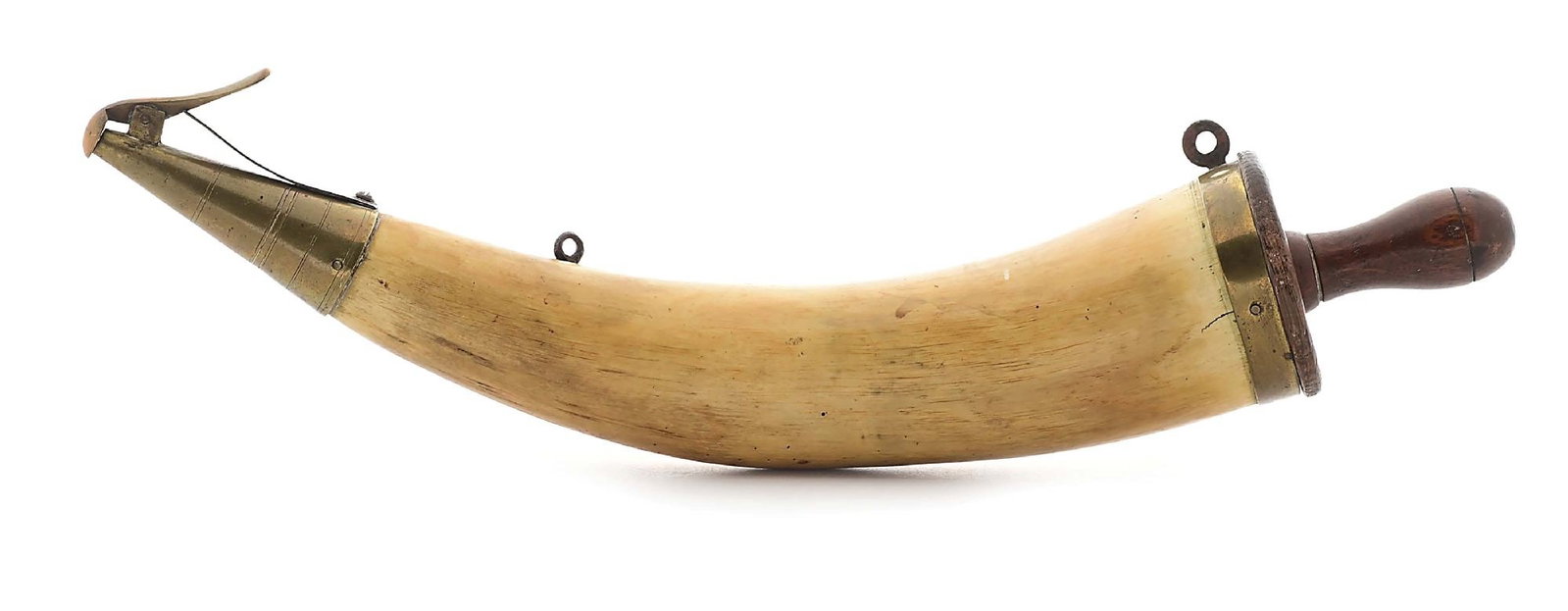 REVOLUTIONARY WAR ERA BRITISH ORDNANCE LIGHT INFANTRY HORN.: A smaller version of the artillery priming horn, this pattern of horn was that issued to regular light infantrymen by the Board of Ordnance beginning with the reestablishment of light companies in Bri