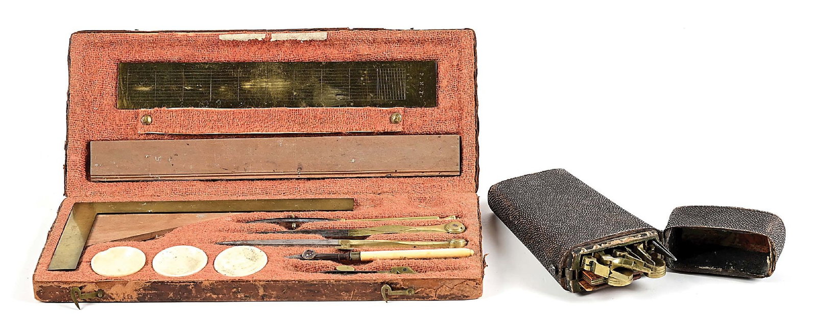2 CASED SETS OF 18TH CENTURY DRAWING AND MAPPING TOOLS.: Two 18th century hinged folding cases for carrying drawing and calculating instruments into the field, commonly called "pocket cases", utilized by navigators, surveyors, engineers, artillerists and ar