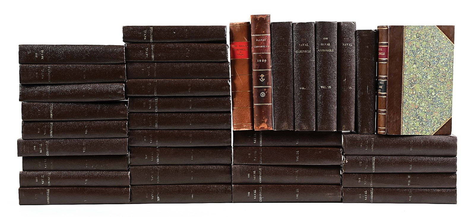 THE NAVAL CHRONICLE, 1799-1818. A COMPLETE SET OF 40 VOLUMES.: The Naval Chronicle. London: Printed and Published by and for Joyce Gold, etc., 1799-1818. In 40 volumes. Tall octavo. A rare, full set of this important naval periodical of the Napoleonic epoch of 40
