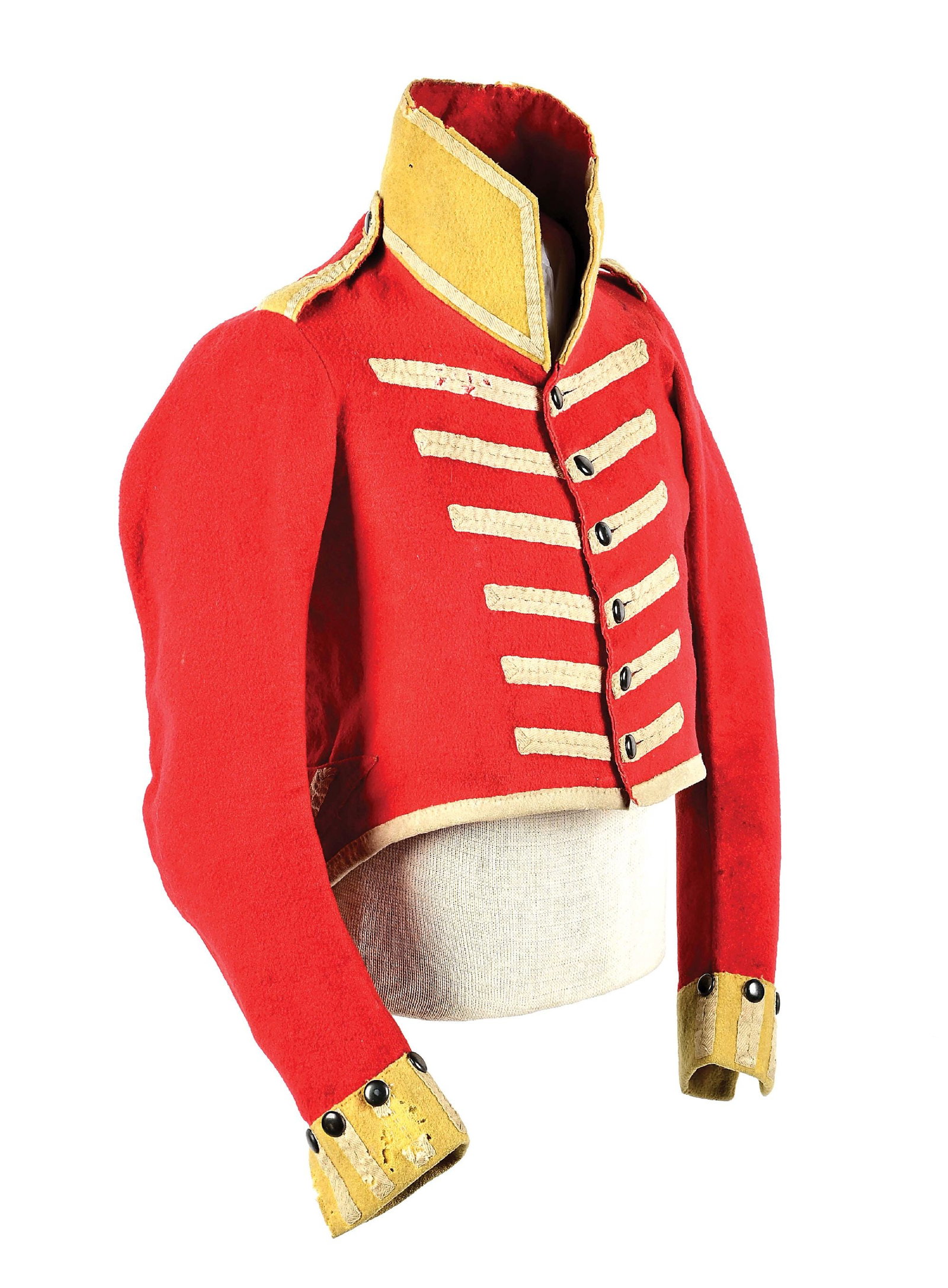 NAPOLEONIC BRITISH SERGEANT'S JACKET, 1802.: An extremely early example of a British volunteers jacket, made at about the same time that the British Army issued new regulations changing over from long-skirted, lapeled coats to short skirted, sin