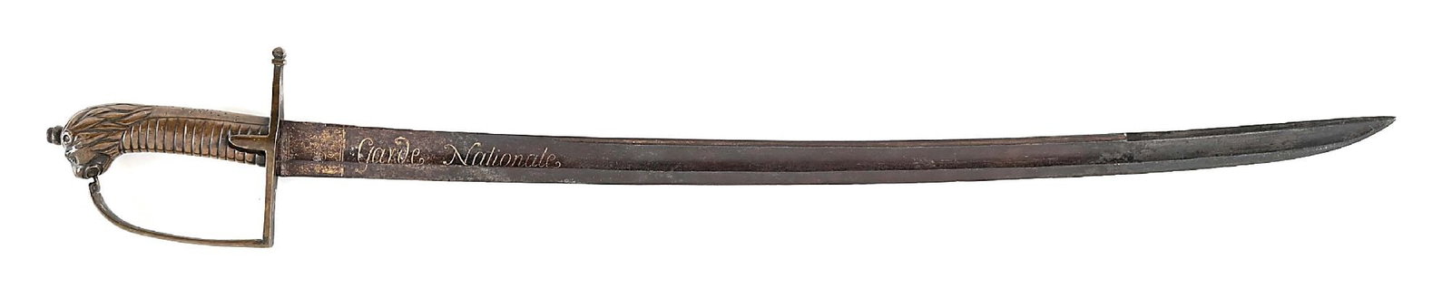SHORT SABER OF THE FRENCH GARDE NATIONALE, 1790-1792.: The slightly curved blade has a thin narrow partial fuller along the spine on both sides and a wide shallow fuller below on both sides. The right side has a gilded square at the ricasso with a fleur-d