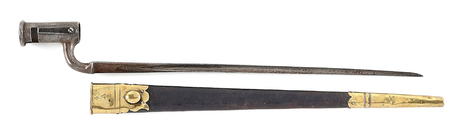 BRITISH NEW LAND PATTERN MUSKET BAYONET WITH 43RD REGT. SCABBARD.: While collectors rarely encounter a New Land Pattern musket in its original configuration, the bayonet produced for this arm is a true rarity, a combination of relatively limited manufacture coupled w