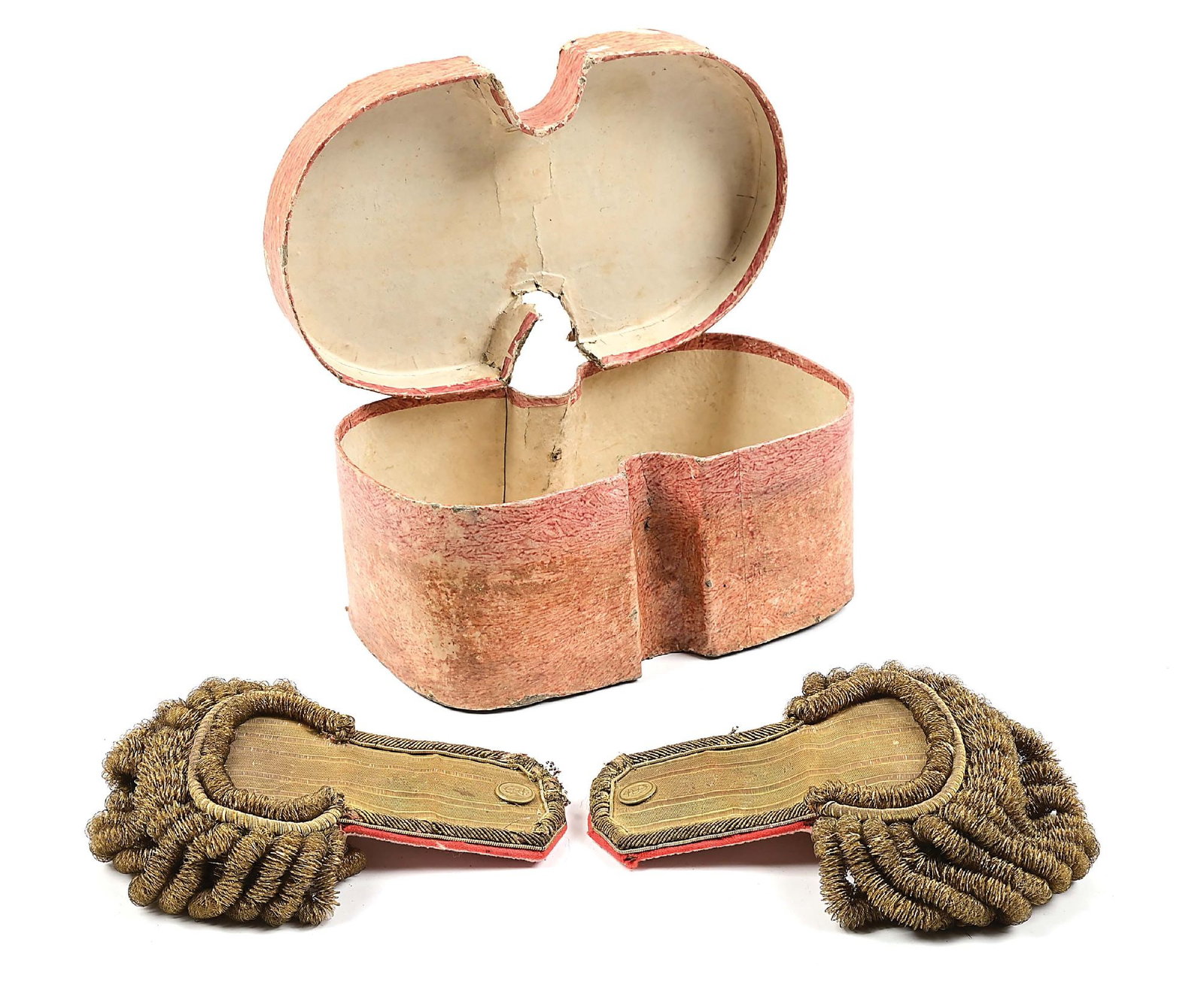 PAIR OF BRITISH NAPOLEONIC NAVAL EPAULETTES FOR A COMMANDER.: A pair of epaulettes of the War of 1812 era with gold vellum straps, bordered with gold embroidery and with gold bullion fringe hanging from the crescent. Each bears a Napoleonic era Royal Navy button